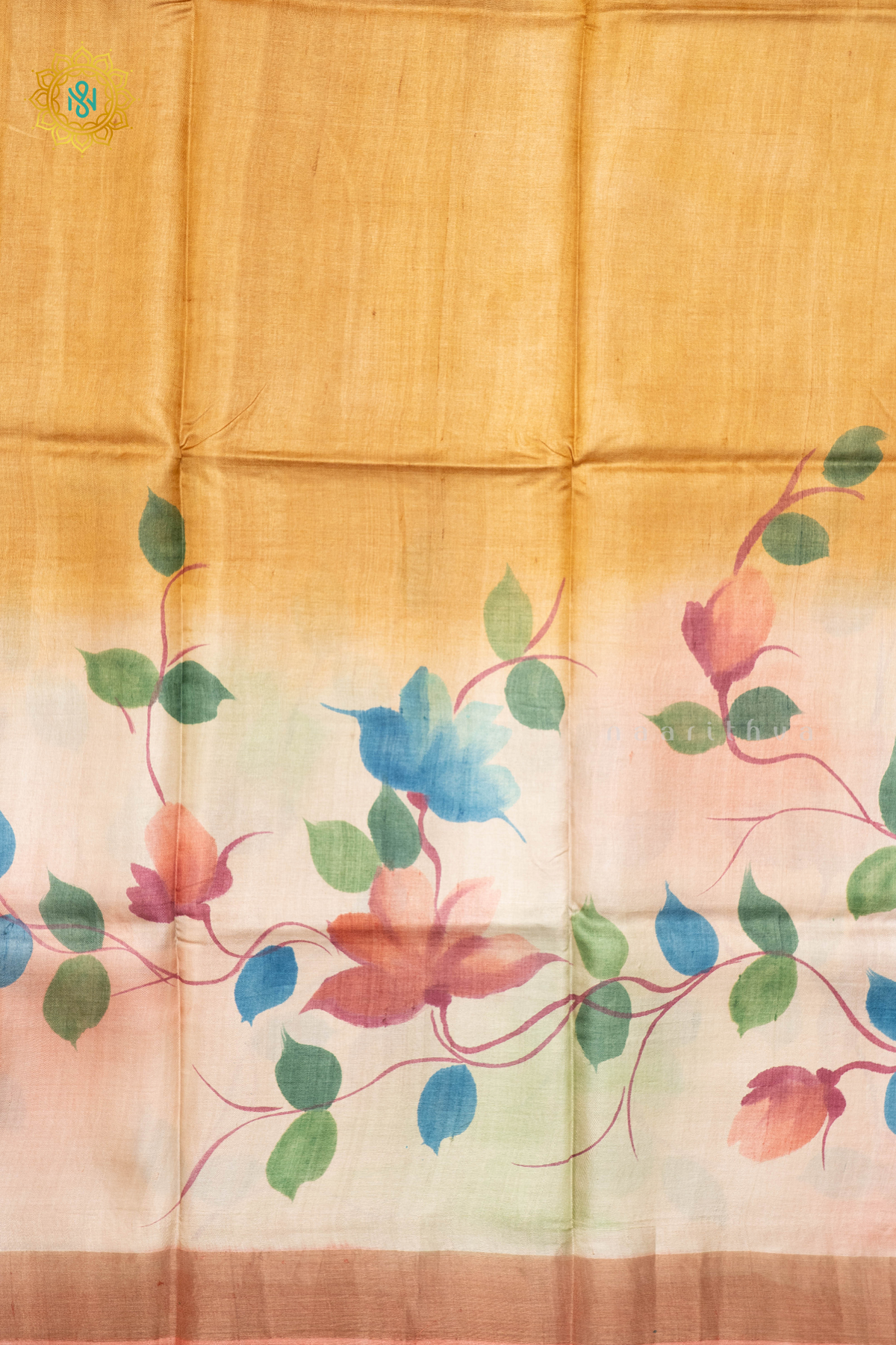 MUSTARD WITH PEACH - PURE TUSSAR SILK WITH HAND PAINTED