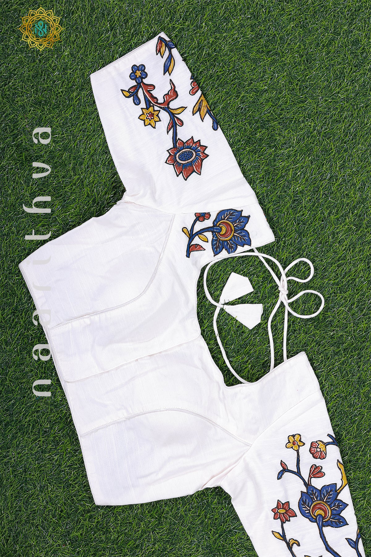WHITE - READYMADE RAW SILK WITH APPLIQUE WORK BLOUSE