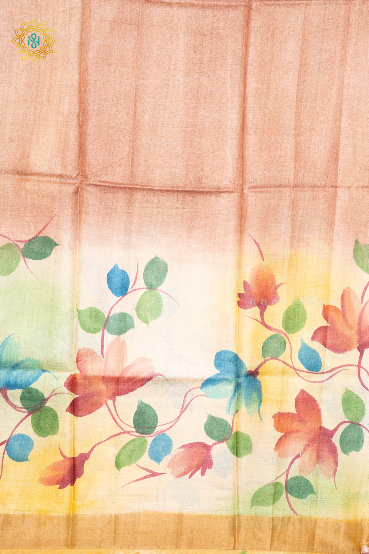 PEACH WITH MUSTARD - PURE TUSSAR SILK WITH HAND PAINTED