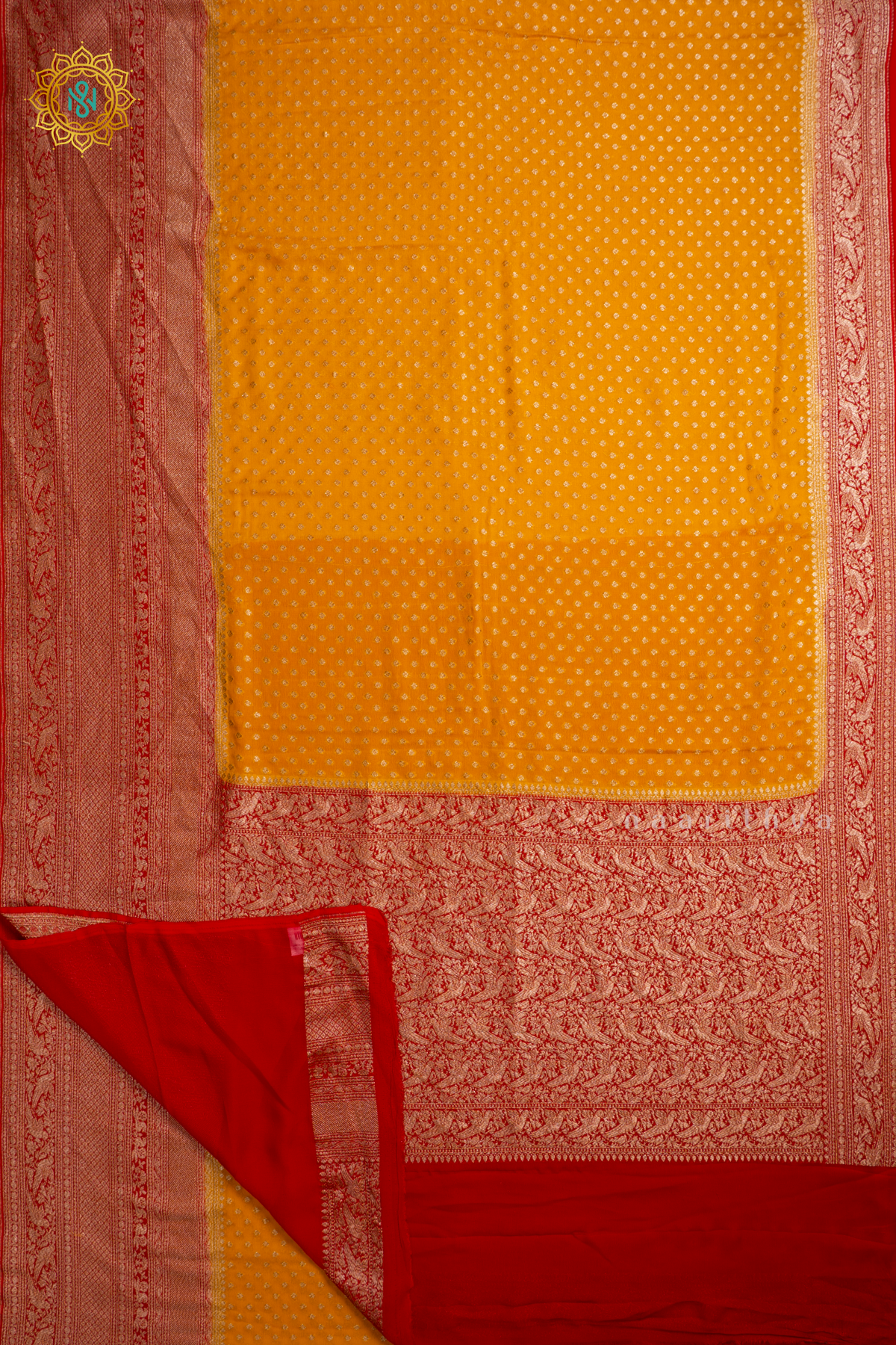 Yellow With Red Pure Banarasi Khaddi Georgette Allover Antique Zari Buttas On The Body With Contrast Zari Border & Pallu