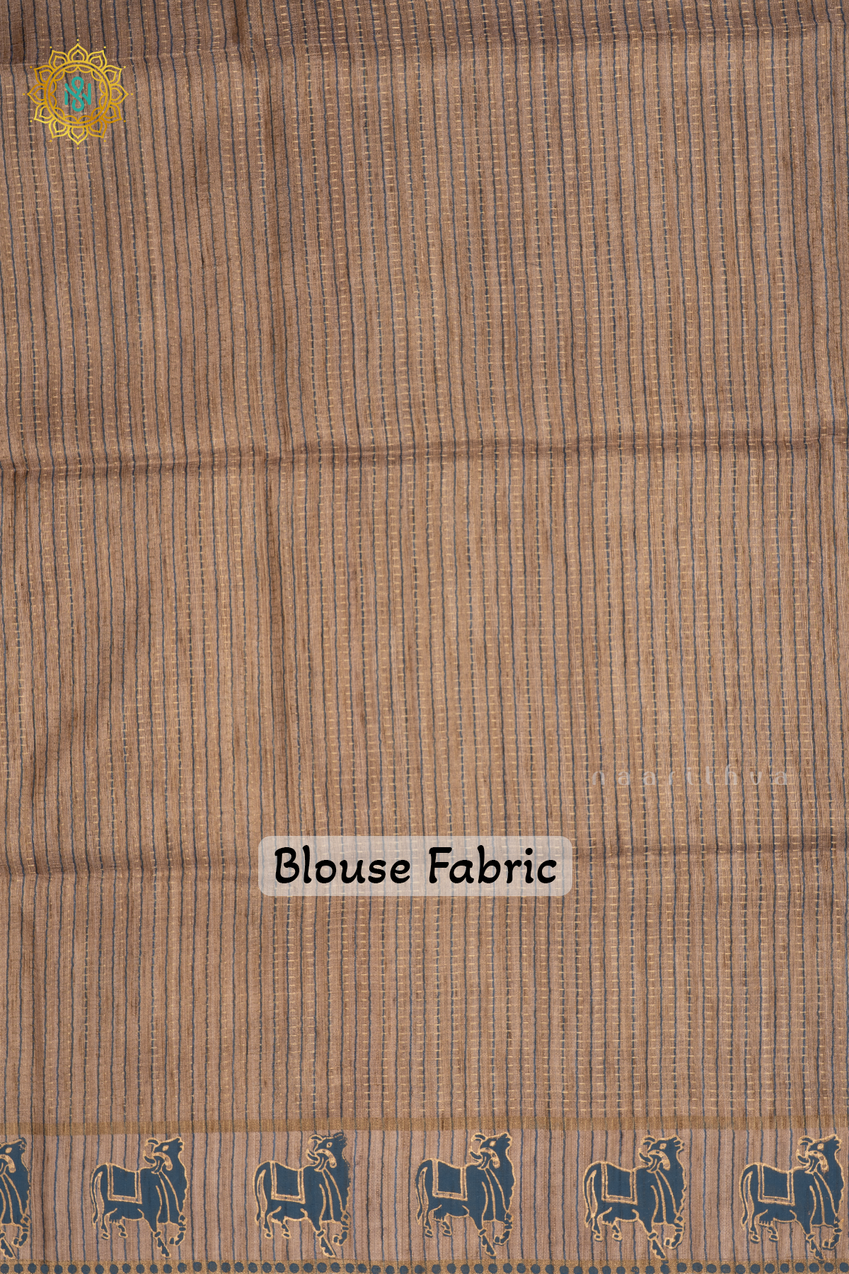 Blue With Beige Semi Tussar Silk Saree With Zari Stripes On The Body, Printed Border And Contrast Blouse