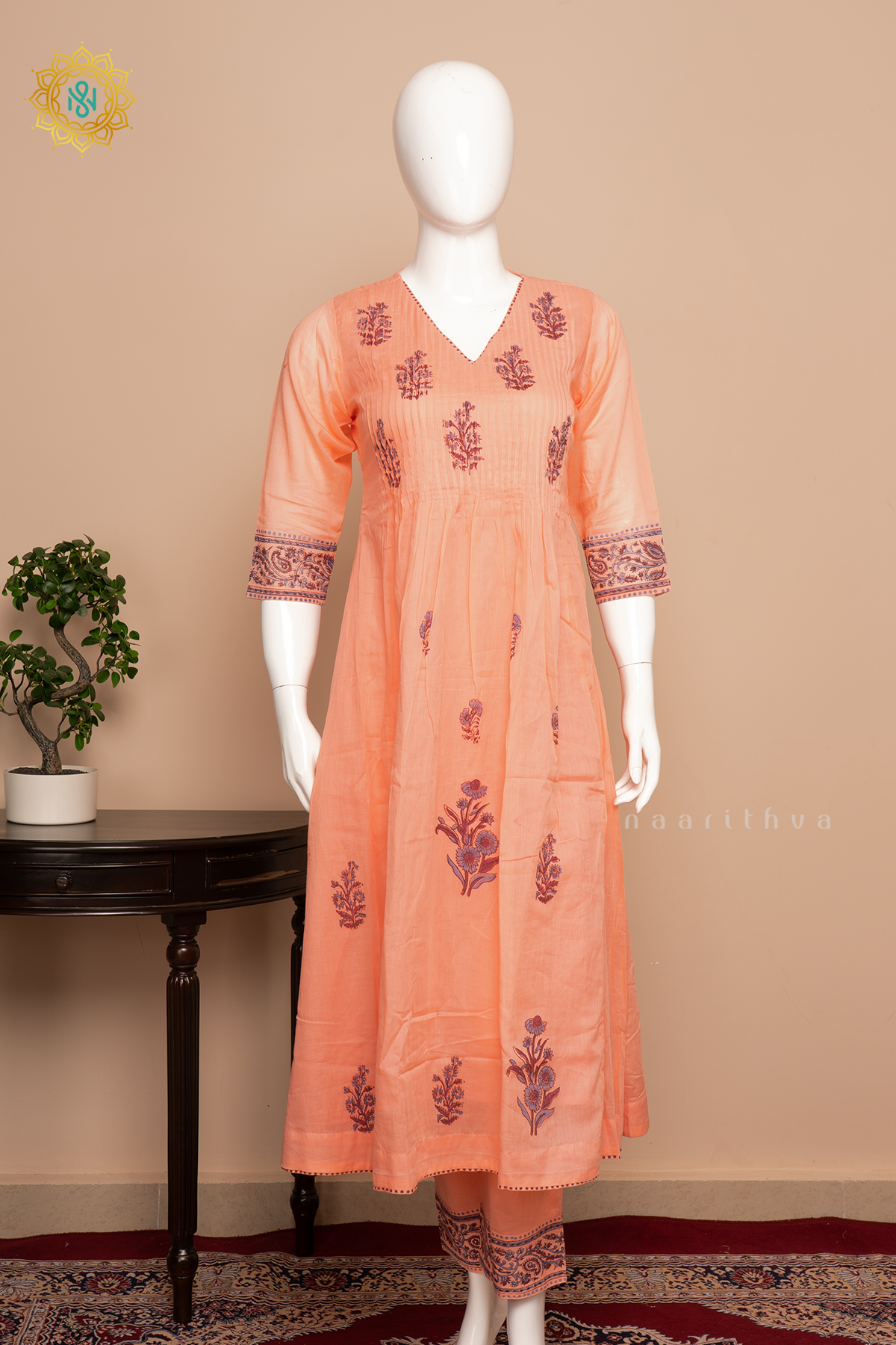 Peach Mul Chanderi 3Pc Salwar Suit With Kota Cotton Dupatta