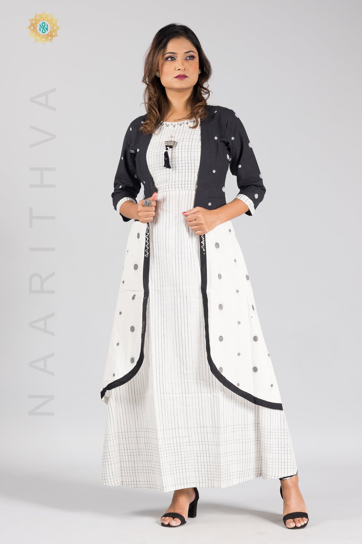 WHITE & BLACK - CASUAL FLOOR LENGTH KURTI WITH ATTACHED WAIST COAT