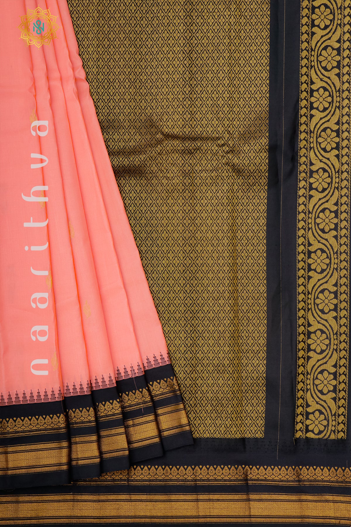 PEACH WITH BLACK - PURE GADWAL SILK