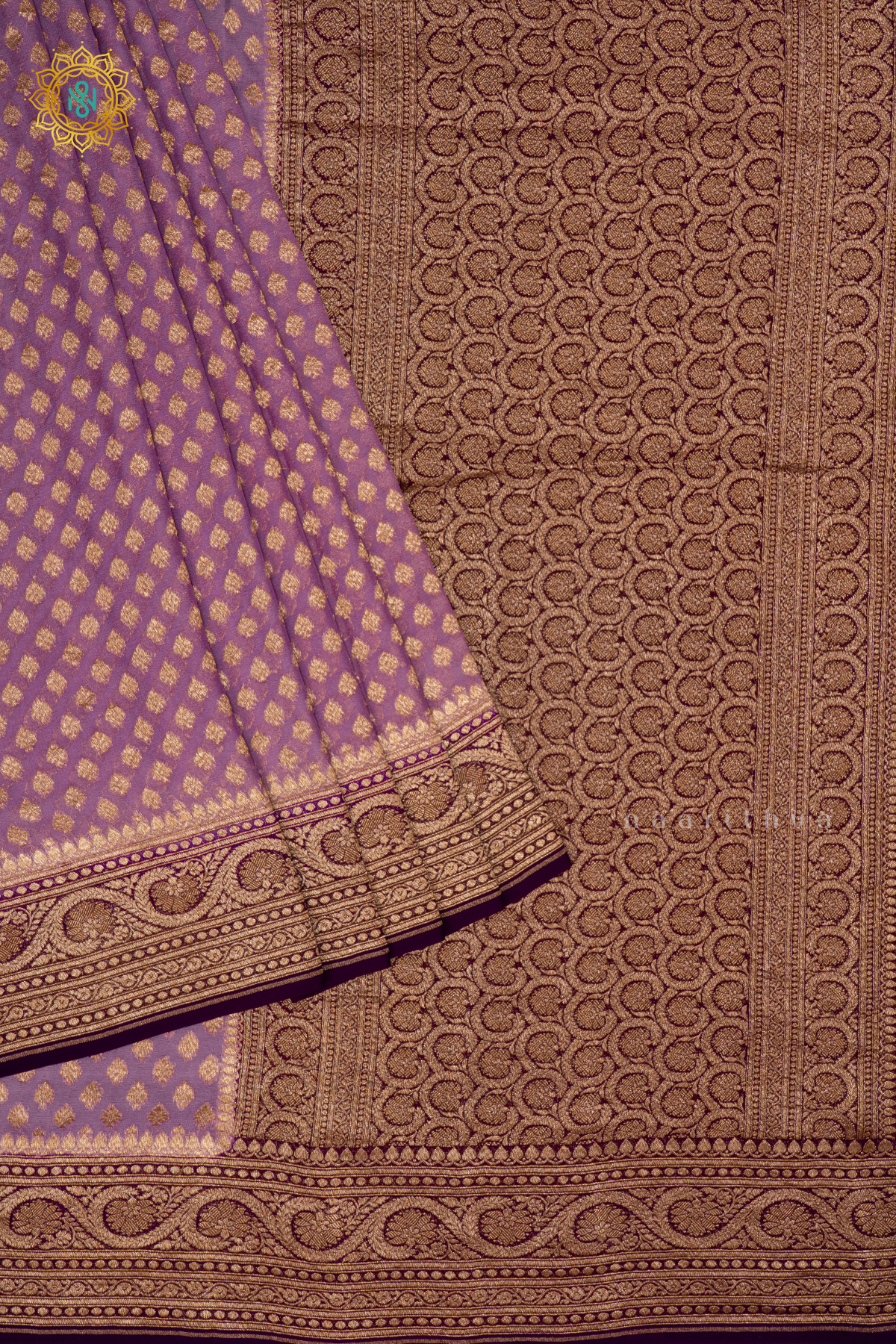 PINKISH LAVENDER WITH PURPLE - PURE BANARASI KHADDI GEORGETTE SAREE ALLOVER ZARI WOVEN BUTTAS AND  CONTRAST ZARI WOVEN BORDER