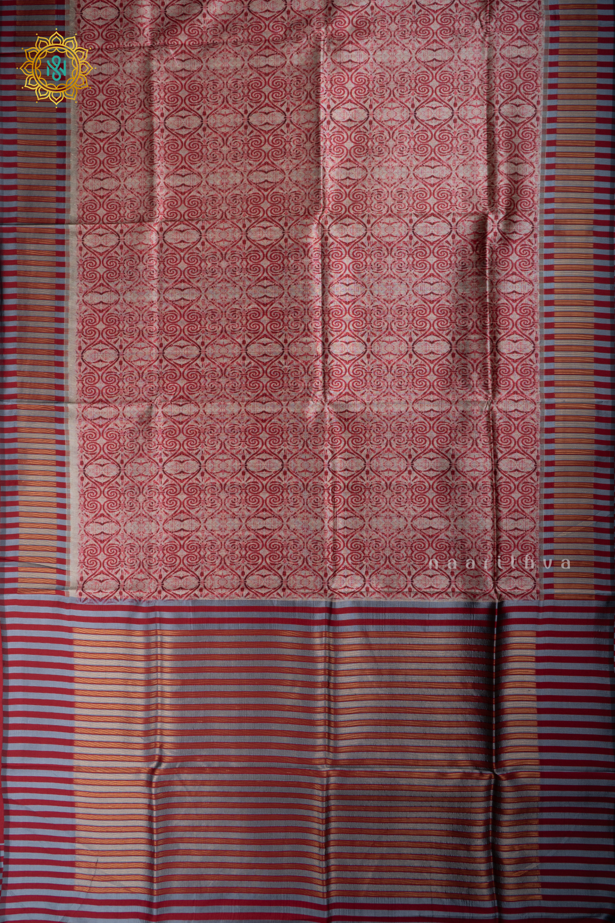Beige With Red Semi Tussar Silk With Printed Body With Zari Border & Pallu