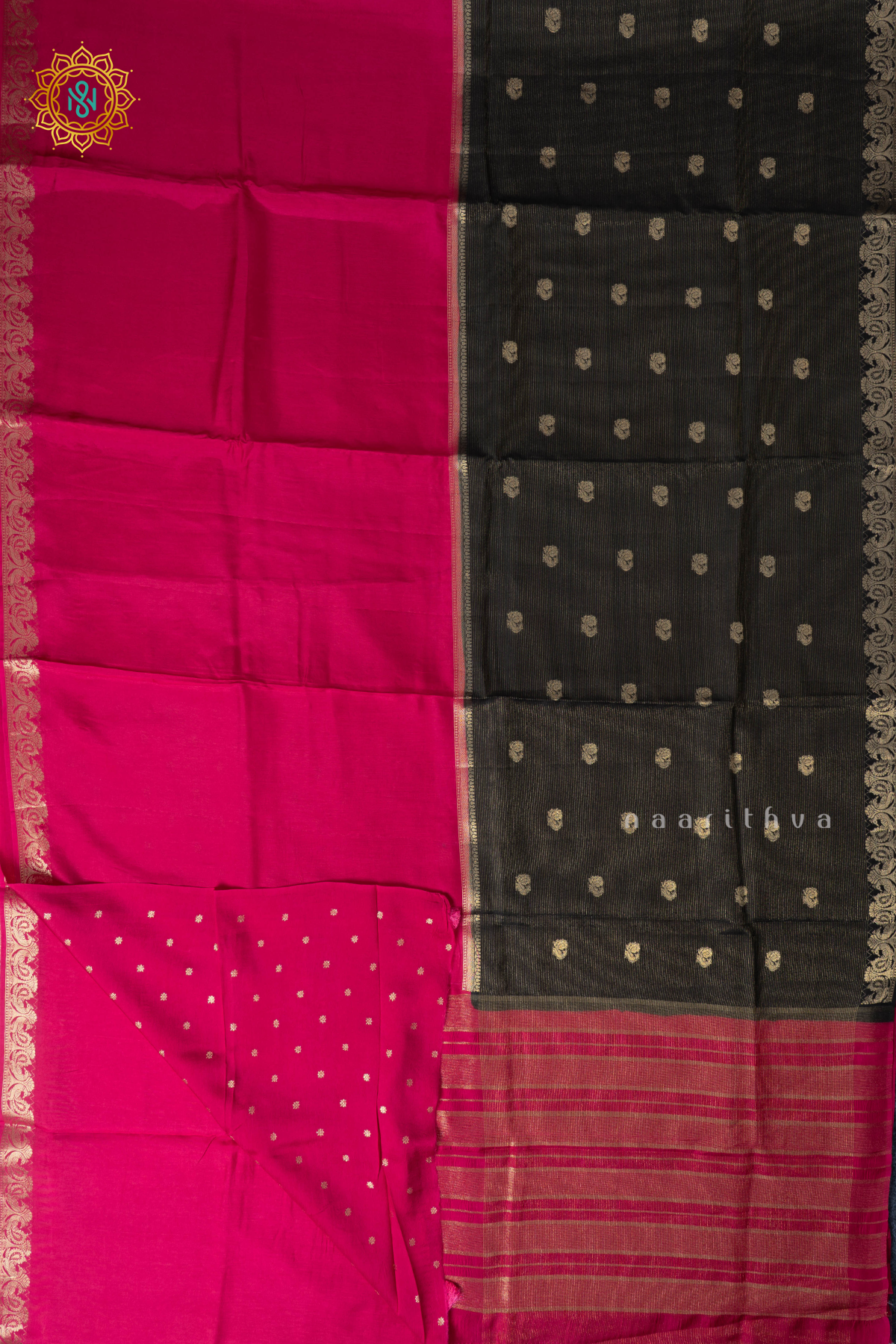 Black With Pink Semi Crepe Silk Saree With Zari Stripes & Buttas On The Body With Half & Half Pattern