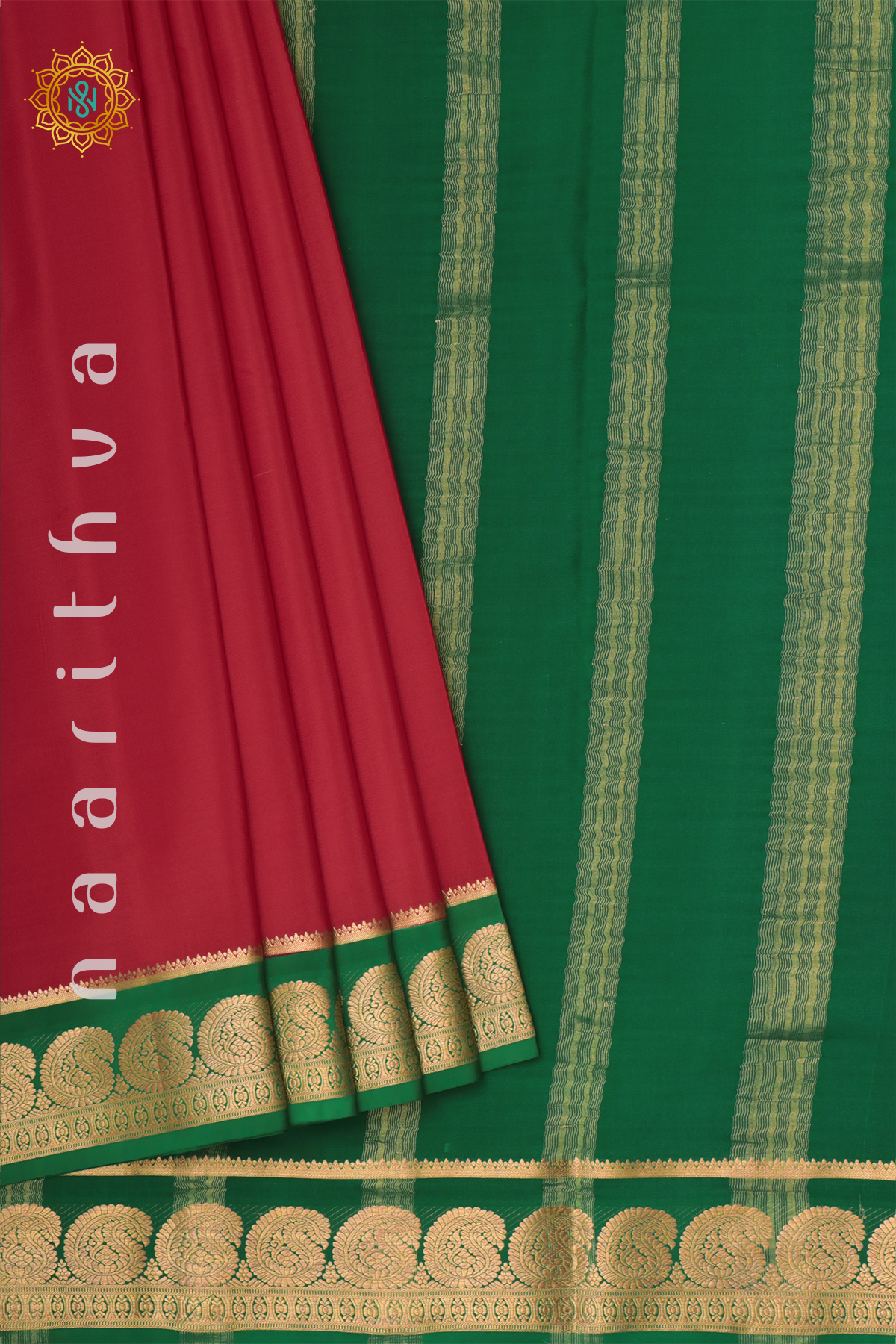 RED WITH GREEN - PURE MYSORE CREPE SILK