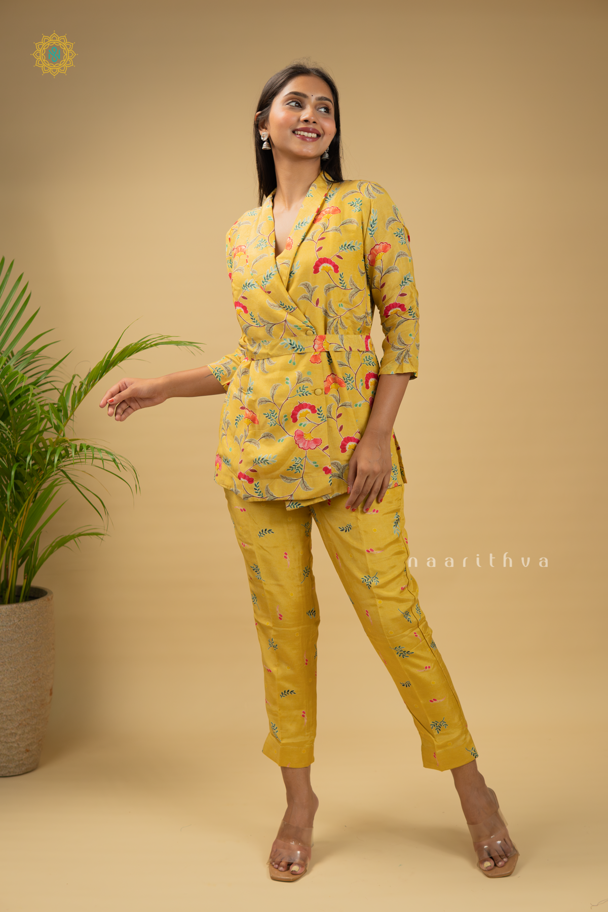 YELLOW - CREPE 2PC CO-ORD SET WITH FLORAL PRINTED TOP & BOTTOM