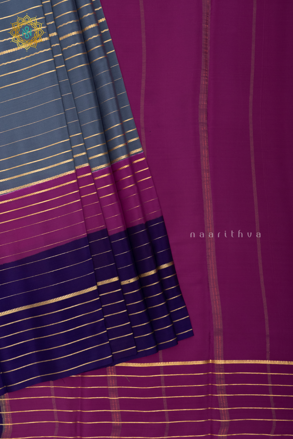 GREY WITH PINK & PURPLE - PURE MYSORE CREPE SILK