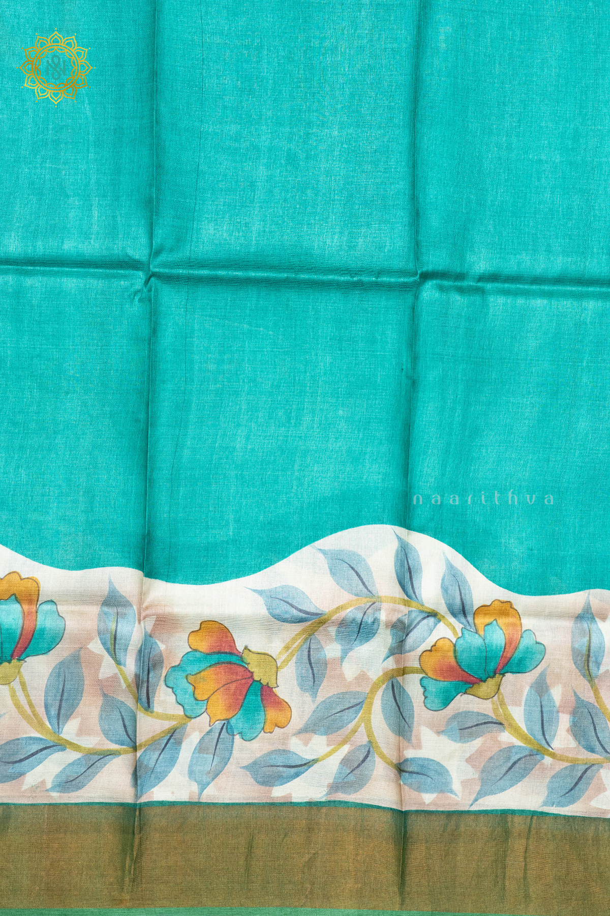 AQUA GREEN WITH LIGHT GREEN - PURE TUSSAR SILK WITH HAND PAINTED
