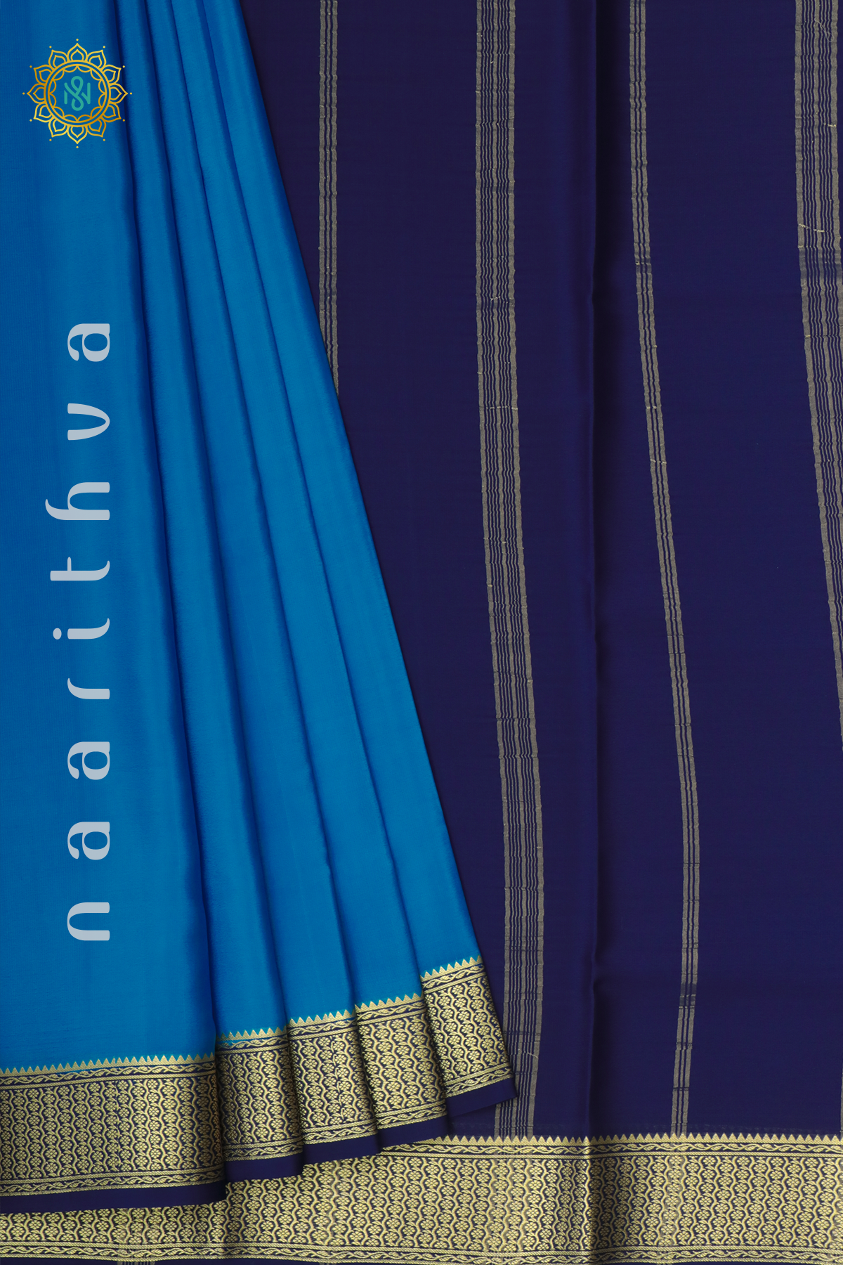 BLUE WITH NAVY BLUE - PURE MYSORE CREPE SILK