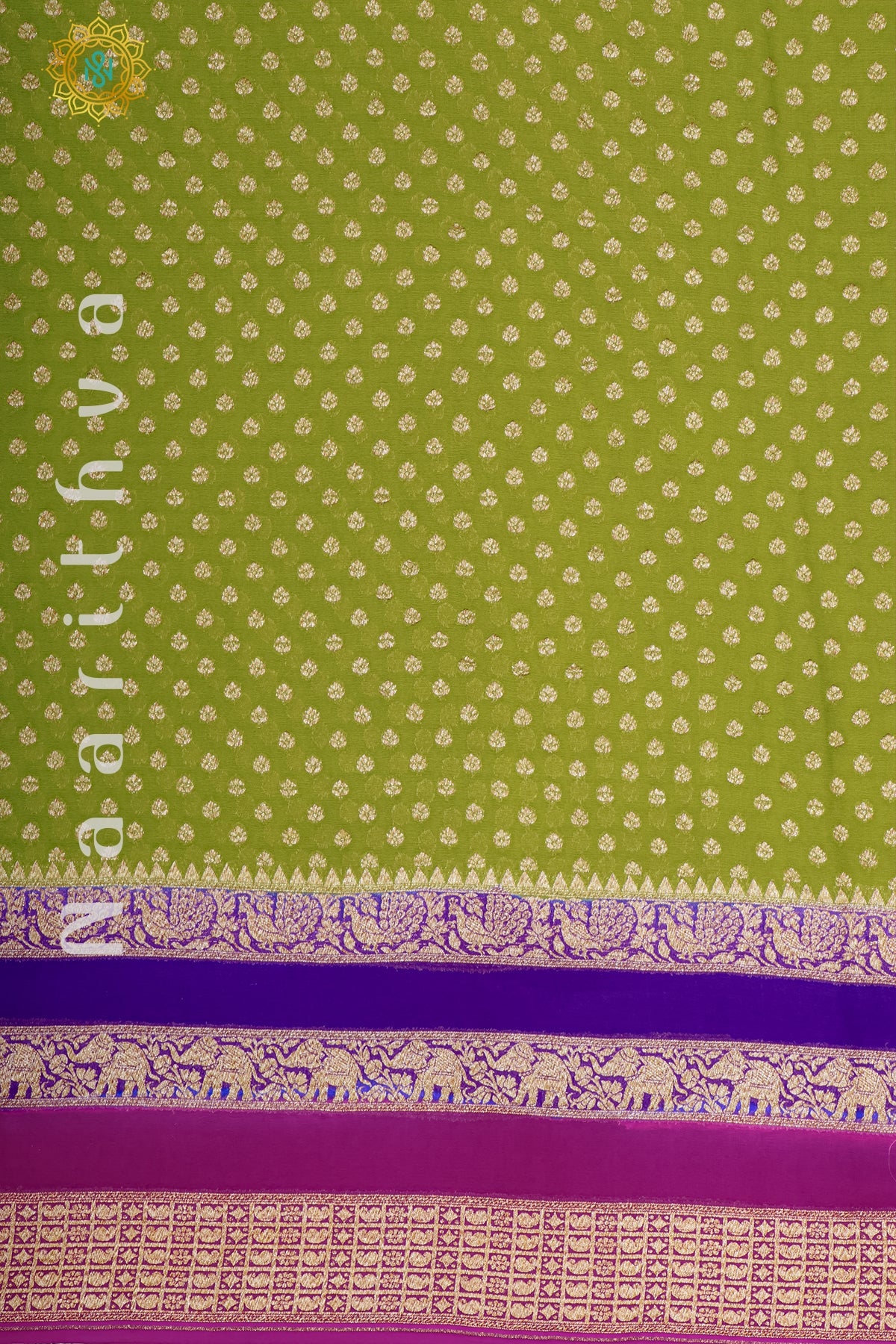 PARROT GREEN WITH PURPLE & PINK - PURE HANDLOOM KHADDI GEORGETTE BANARAS