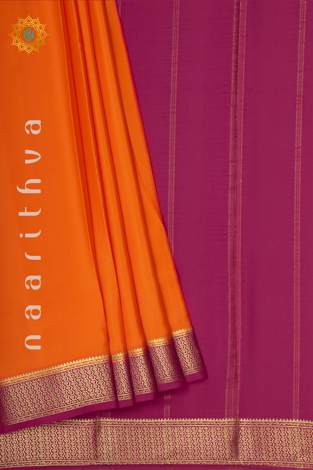 ORANGE WITH PINK - PURE MYSORE CREPE SILK