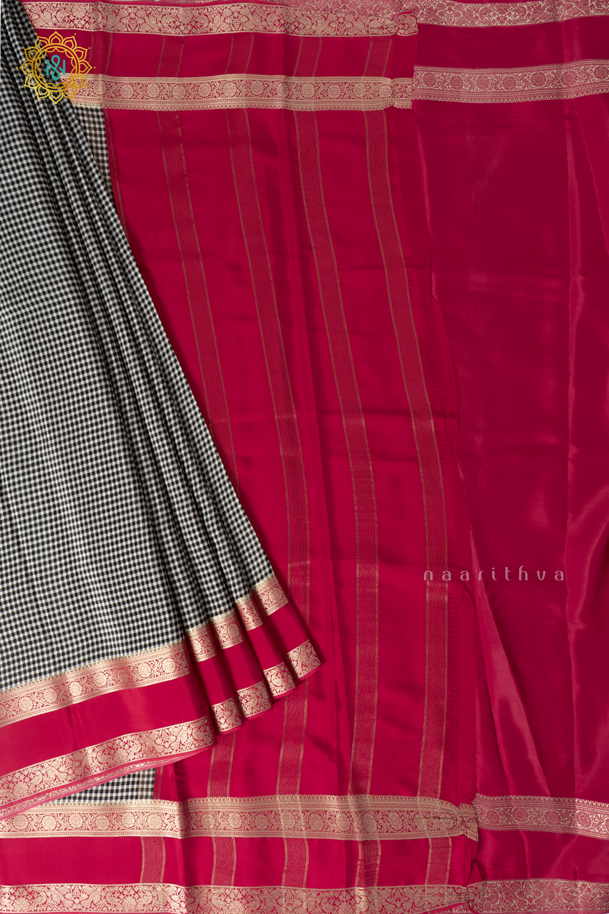 Black And White Gingham Semi Crepe Silk Saree with Reddish Pink Contrast Zari Border, Pallu & Blouse