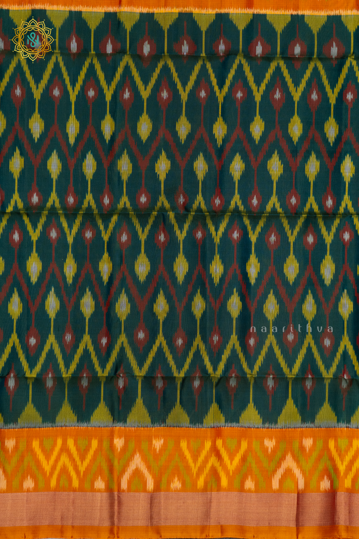 BOTTLE GREEN WITH ORANGE - PURE KANJIVARAM IKAT SOFT SILK