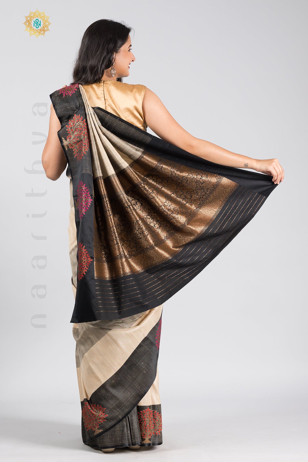 CREAM WITH BLACK - PURE TUSSAR SILK WITH THREAD WOVEN MOTIFS IN SATIN BORDER & ZARI WOVEN PALLU