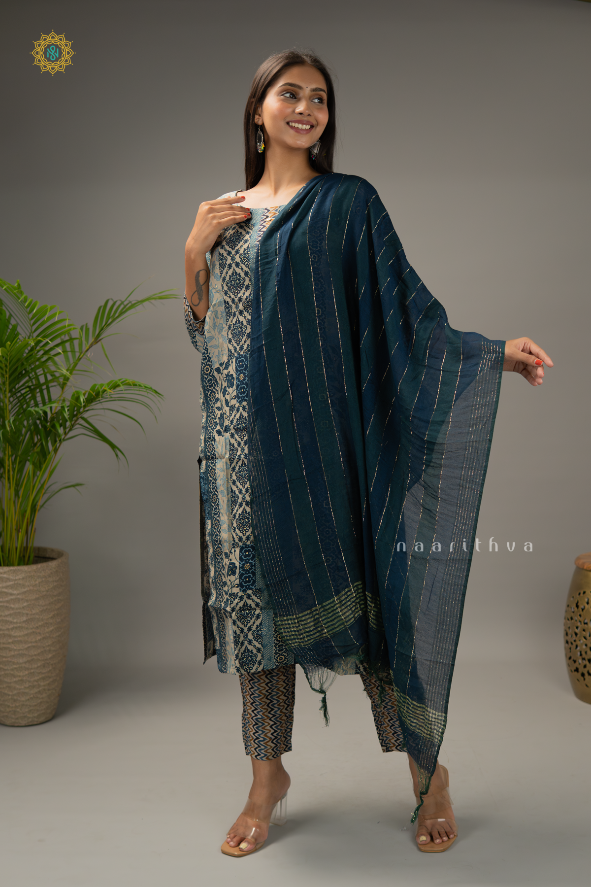 INDIGO - CREPE 3PC SALWAR SUIT WITH PRINTED TOP, BOTTOM & DUPPATA