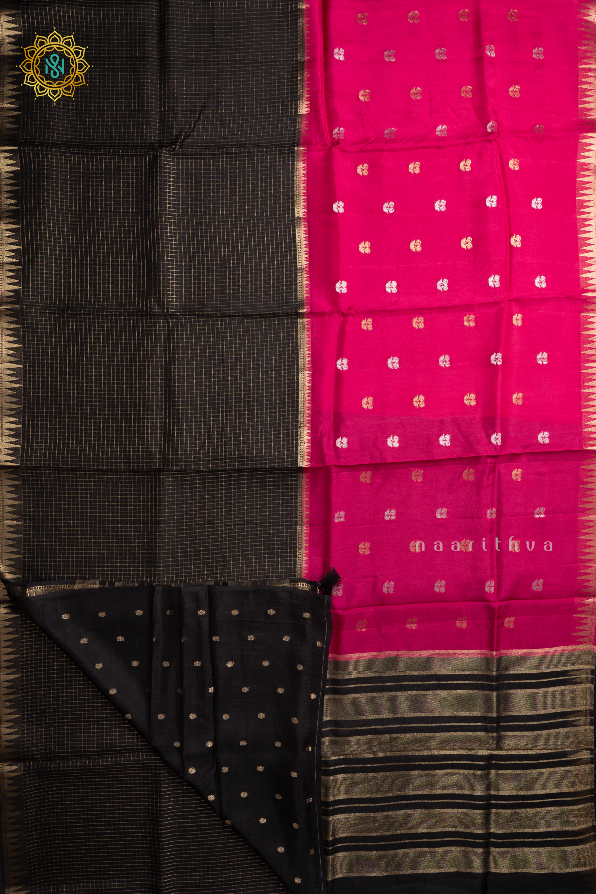 Pink With Black Semi Crepe Silk Saree With Zari Checks & Buttas On The Body With Half & Half Pattern