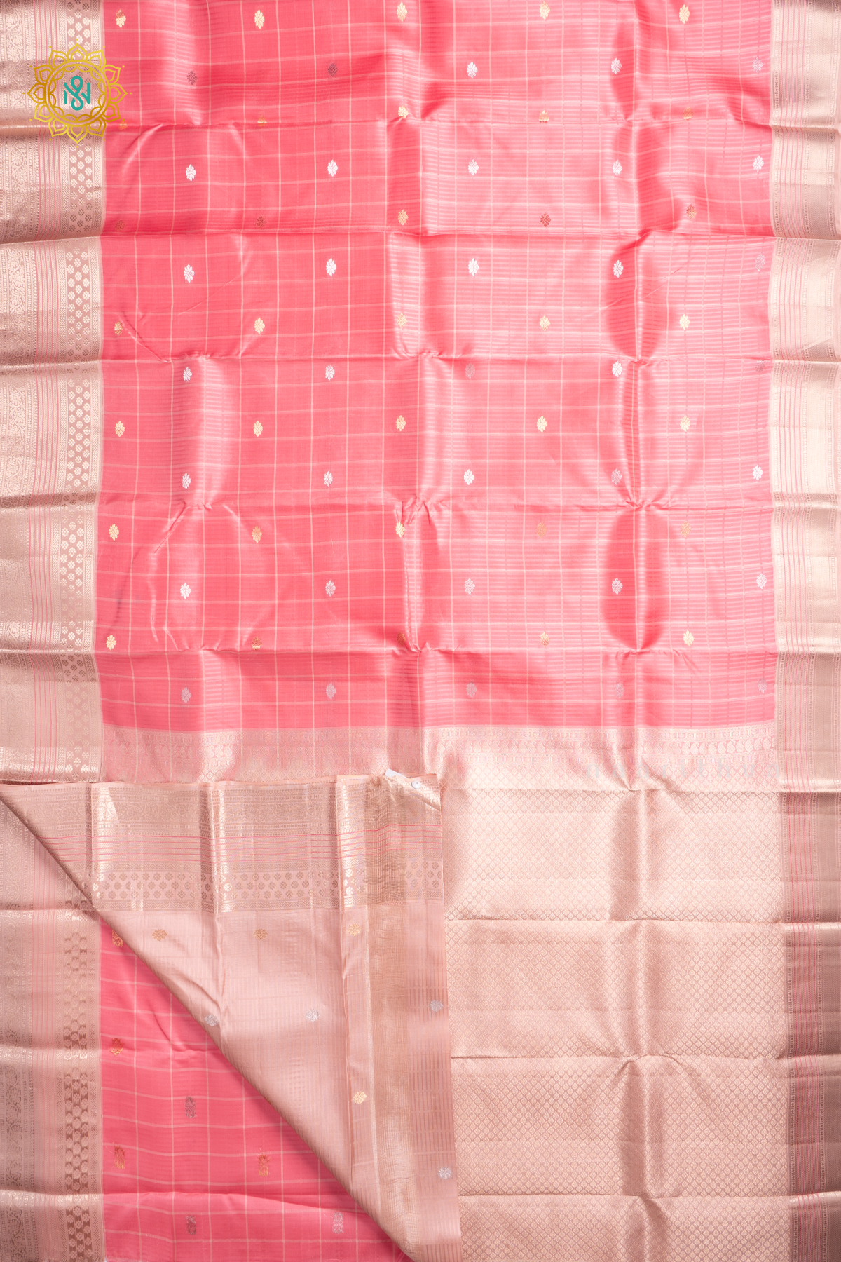 Pink with Cream Pure Kanjivaram Silk Saree with Zari Woven Checks,Buttas and Zari Border