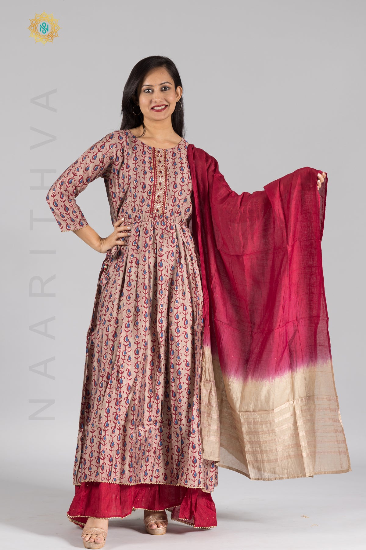 GREY WITH MAROON - PRINTED KURTI & DUPATTA WITH LAYERED FRILLED PATTERN