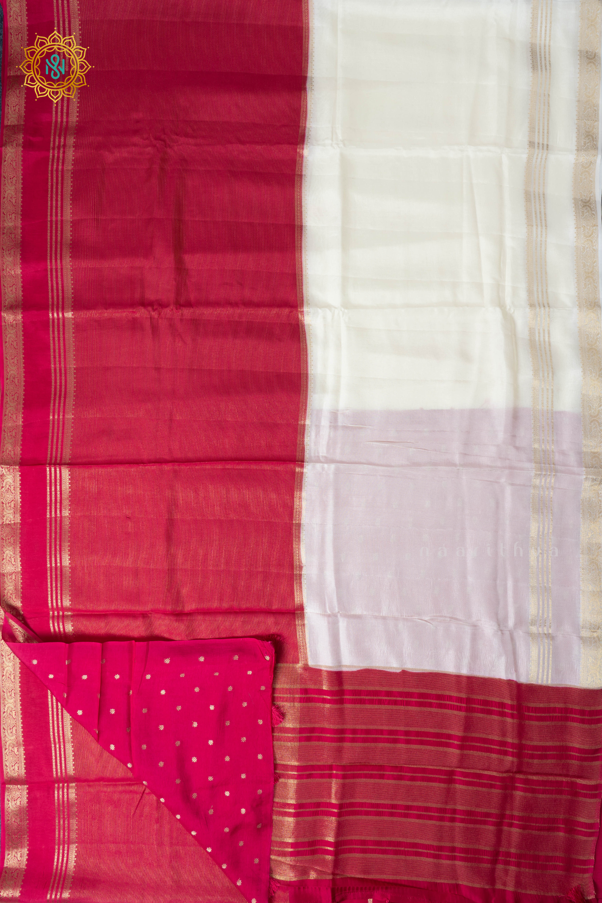 White With Pink Semi Crepe Silk Saree With Zari Stripes On The Body With Bentext Border In Half & Half Pattern