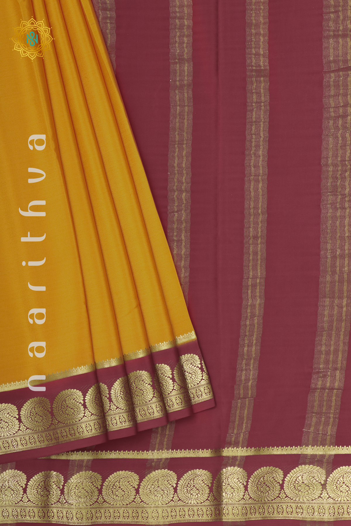 MANGO YELLOW WITH MAROON - PURE MYSORE CREPE SILK