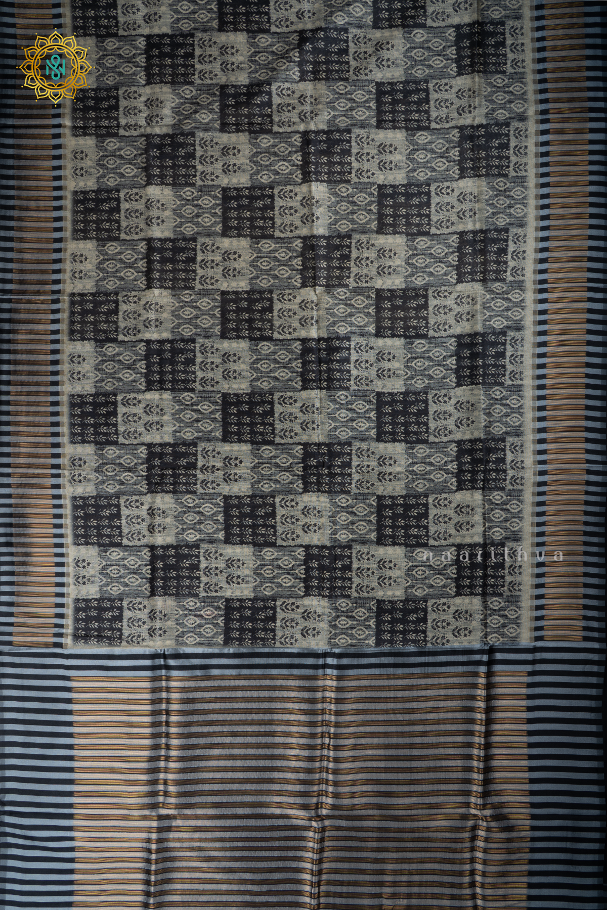 Black Semi Tussar Silk With Printed Body With Zari Border & Pallu