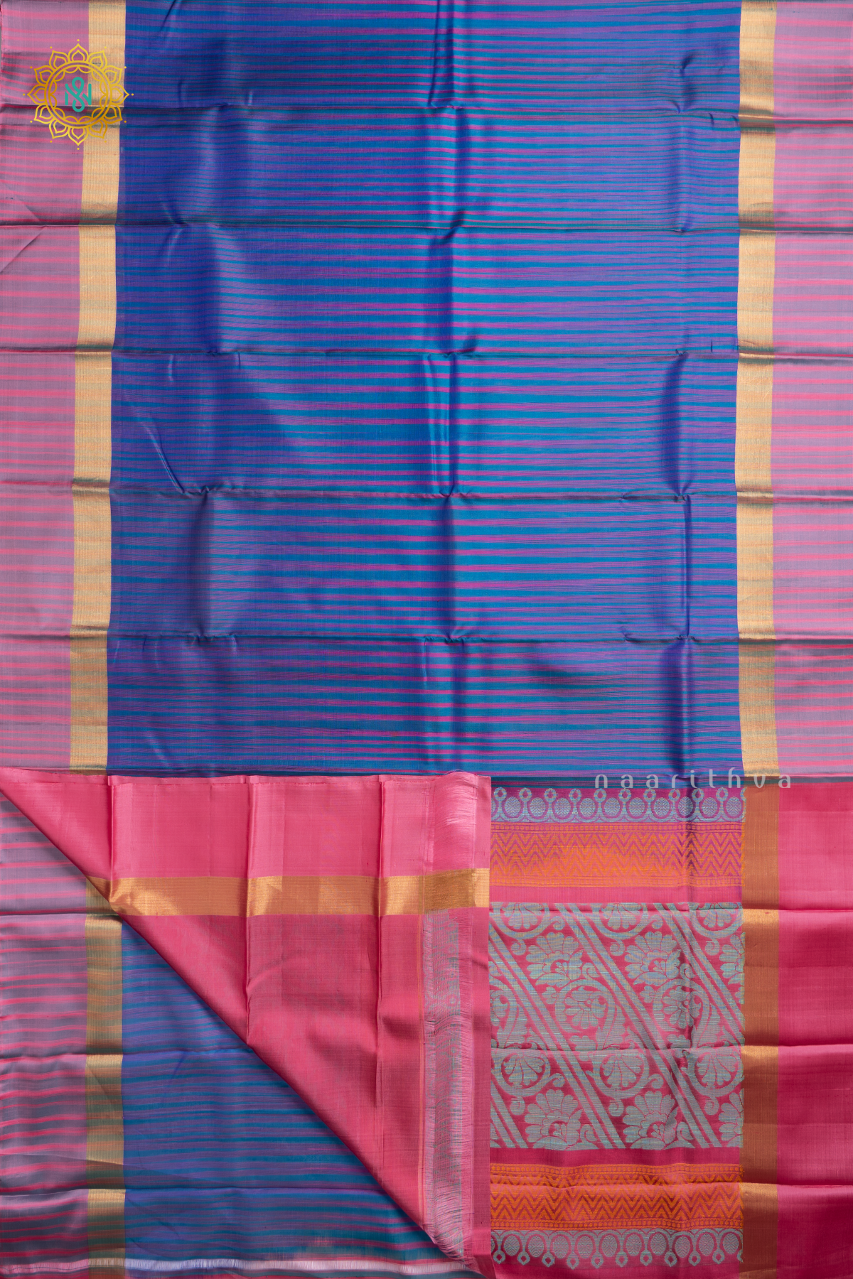 Dual Shade of Peacock Blue with Light Pink Pure Kanjivaram Silk Saree with Contrast Zari Border