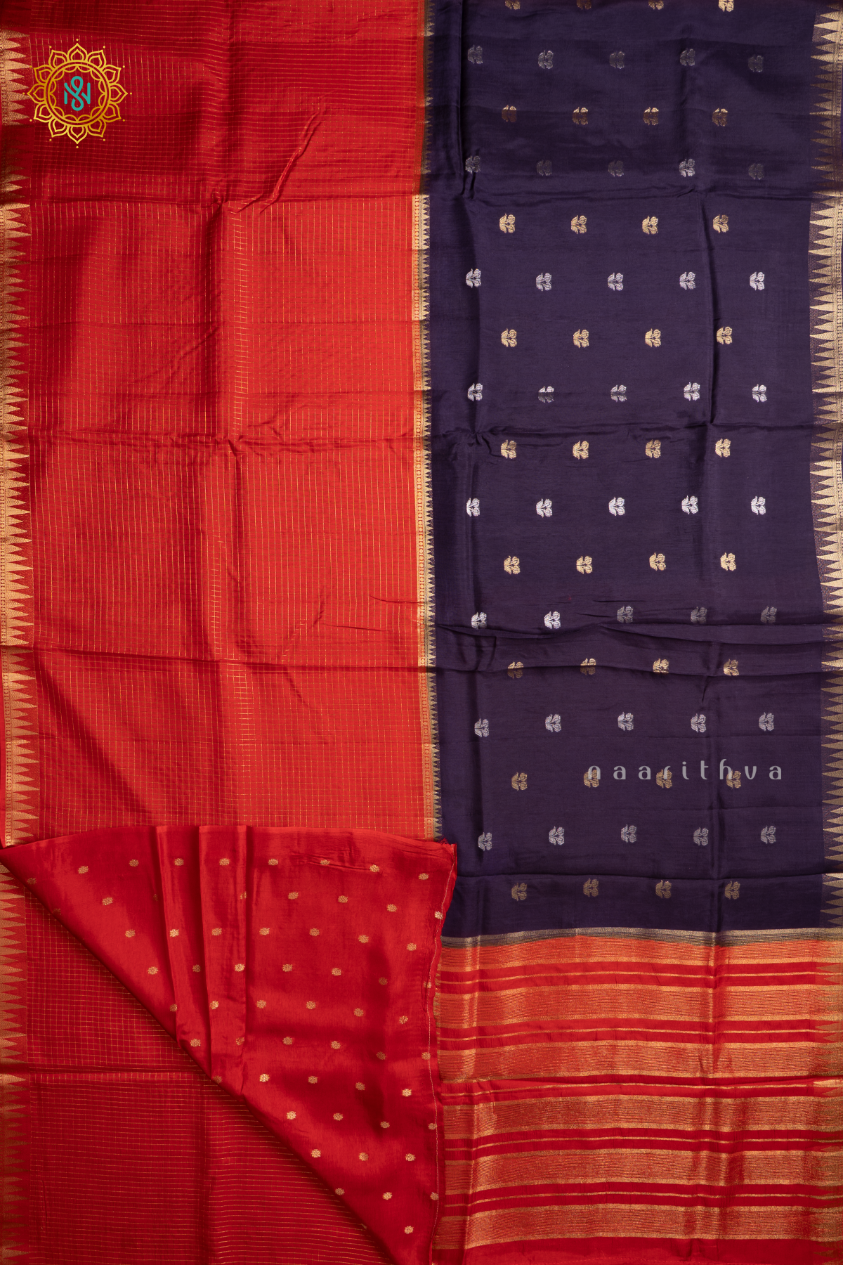 Purple With Red Semi Crepe Silk Saree With Zari Checks & Buttas On The Body With Half & Half Pattern