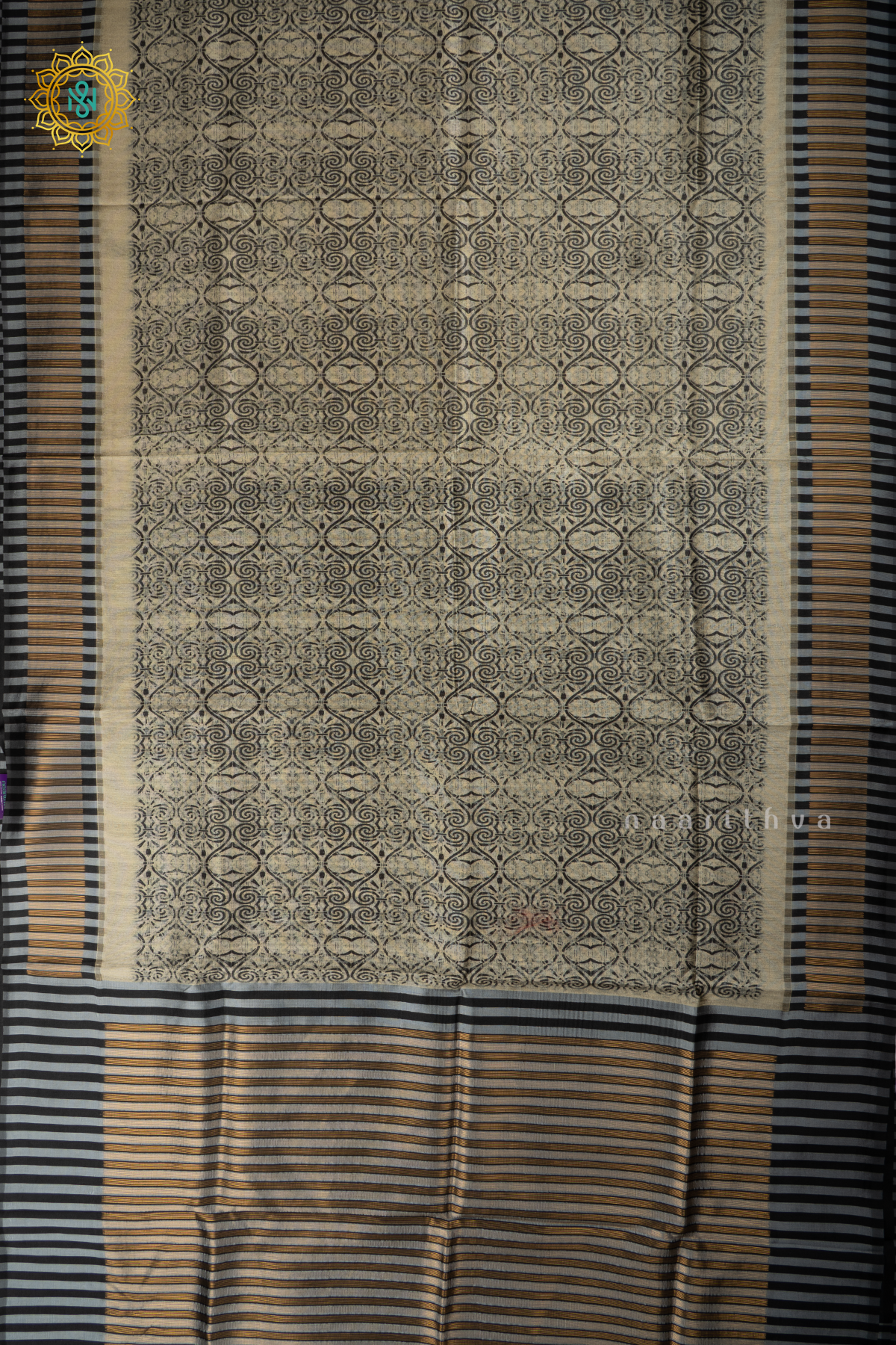 Beige With Black Semi Tussar Silk With Printed Body With Zari Border & Pallu