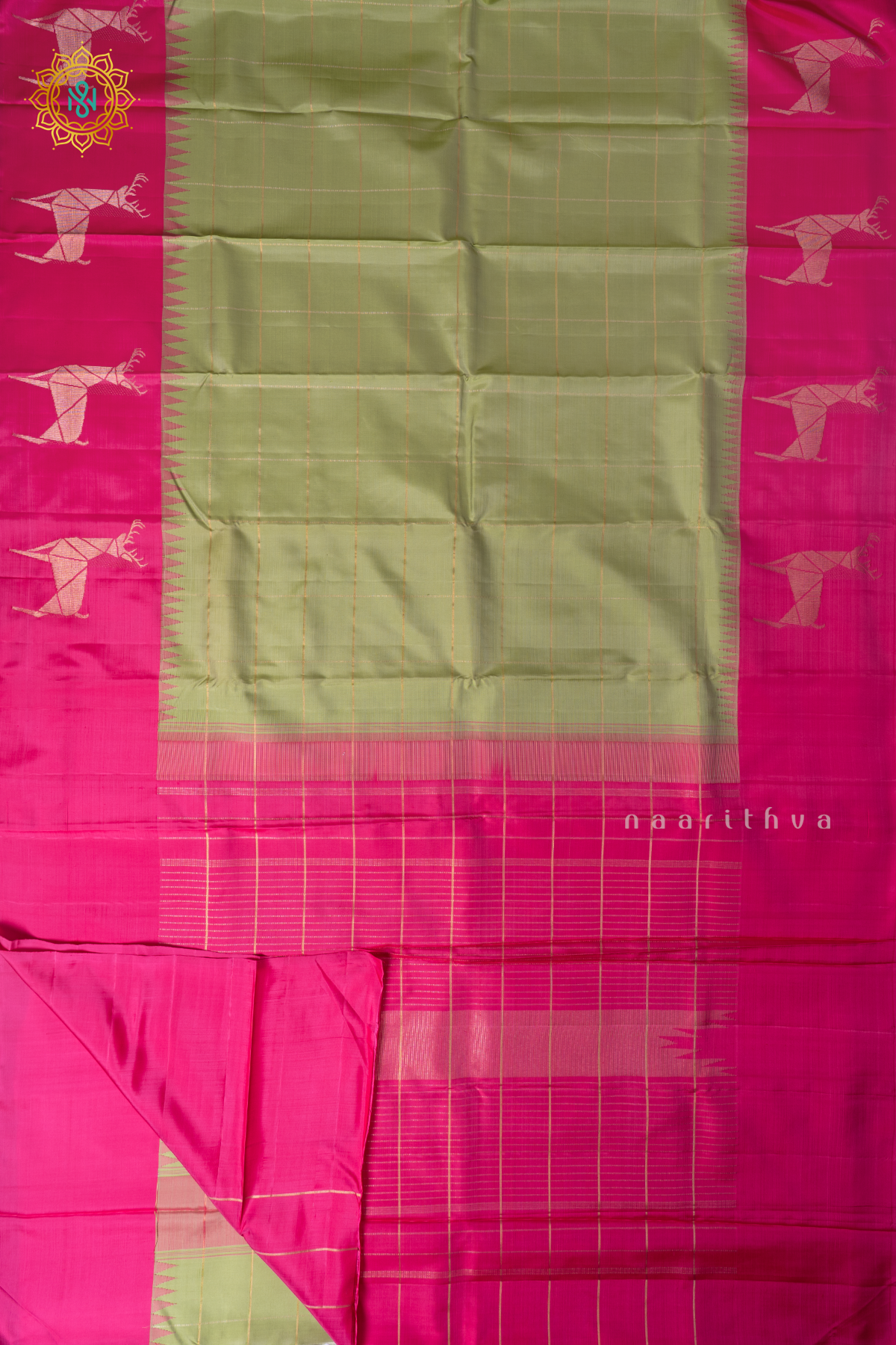 Pista Green With Pink Pure Kanjivaram Silk Sarre With Checks Body & Contrast Border