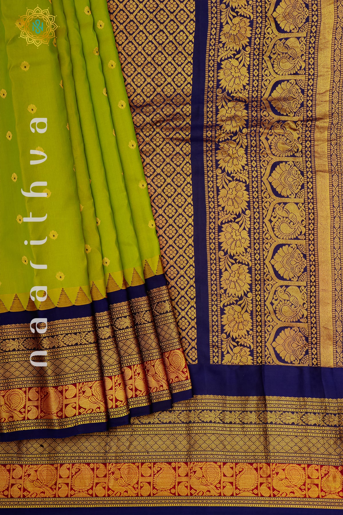 GREEN WITH NAVY BLUE - PURE GADWAL SILK