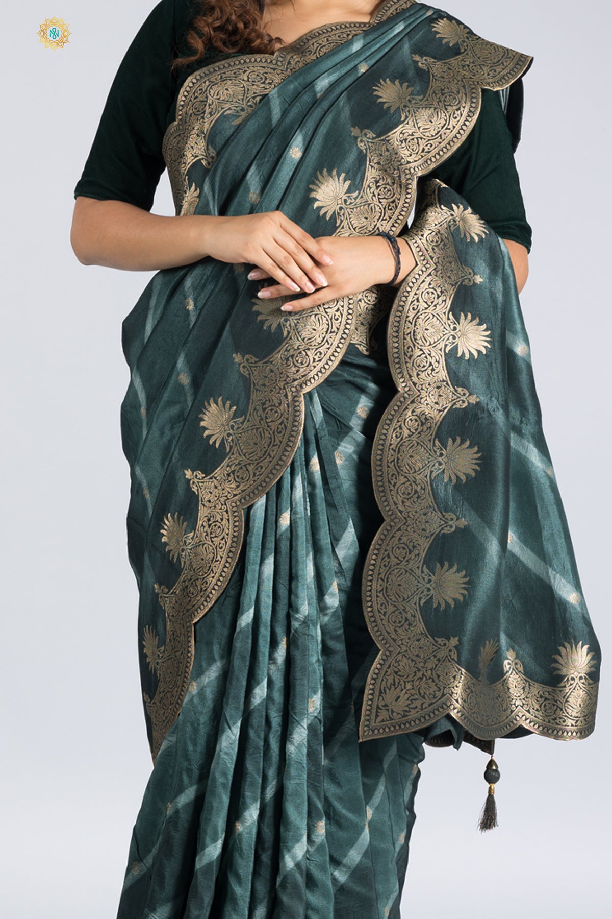 DARK GREEN - DESIGNER DOLA SILK WITH ZARI WOVEN BUTTAS & SCALLOP BORDER