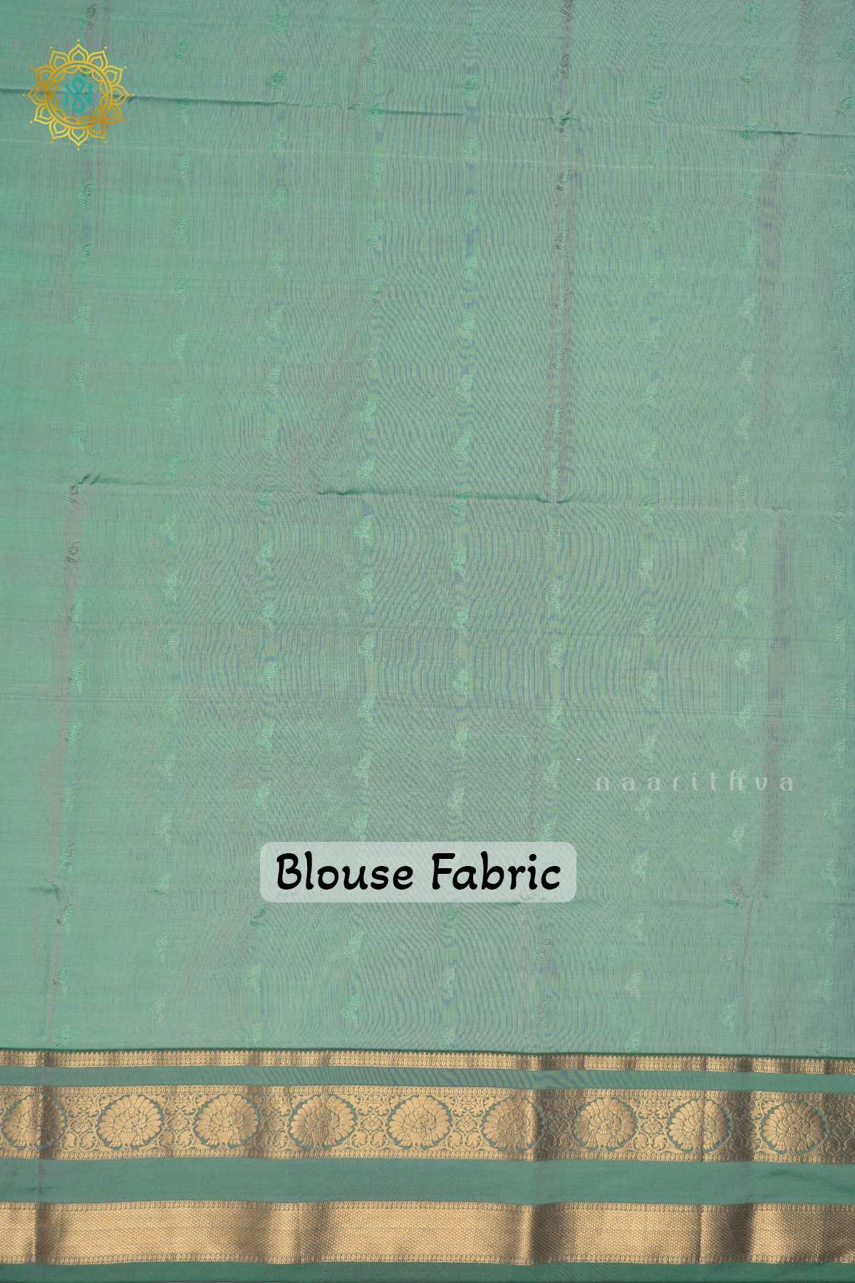 OFF WHITE WITH AQUA GREEN - SEMI KANCHI SAREE ALLOVER ZARI BUTTAS AND CONTRAST GAP BORDER