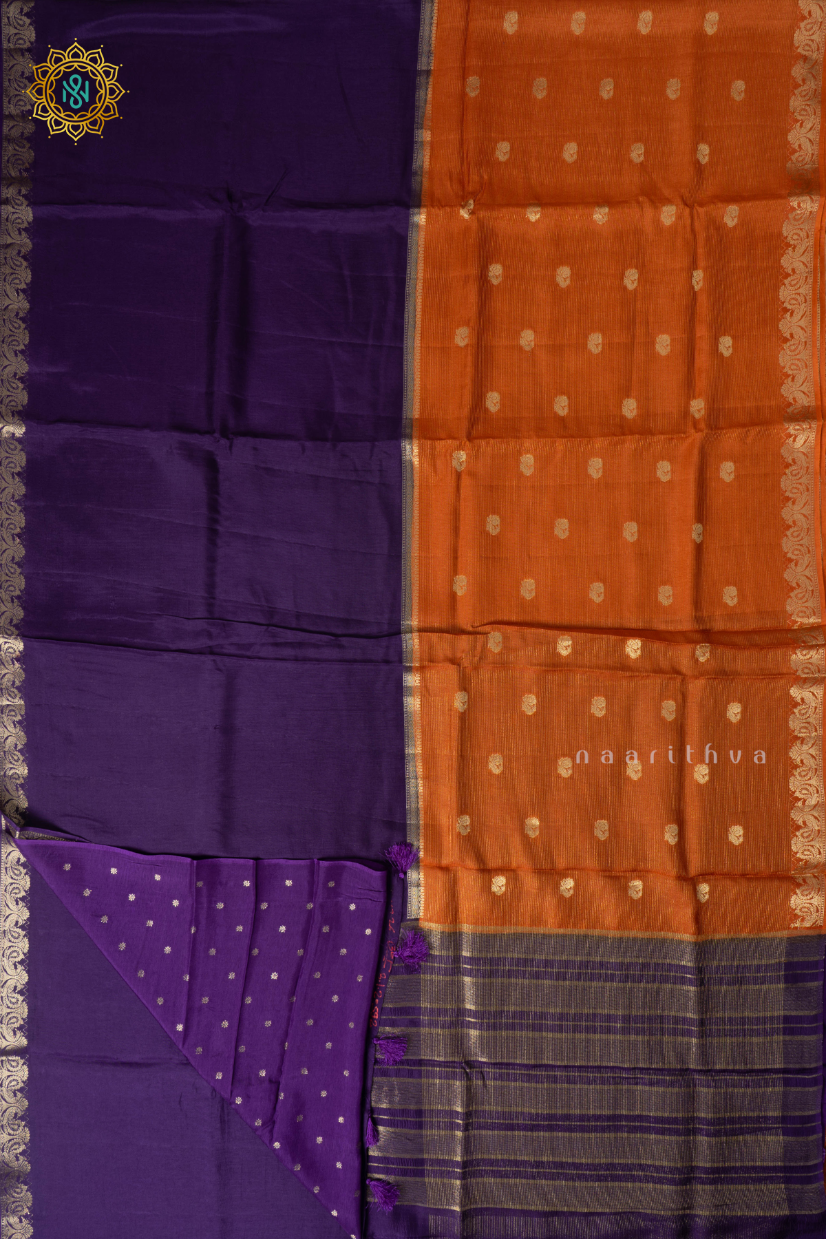 Orange With Purple Semi Crepe Silk Saree With Zari Stripes & Buttas On The Body With Half & Half Pattern