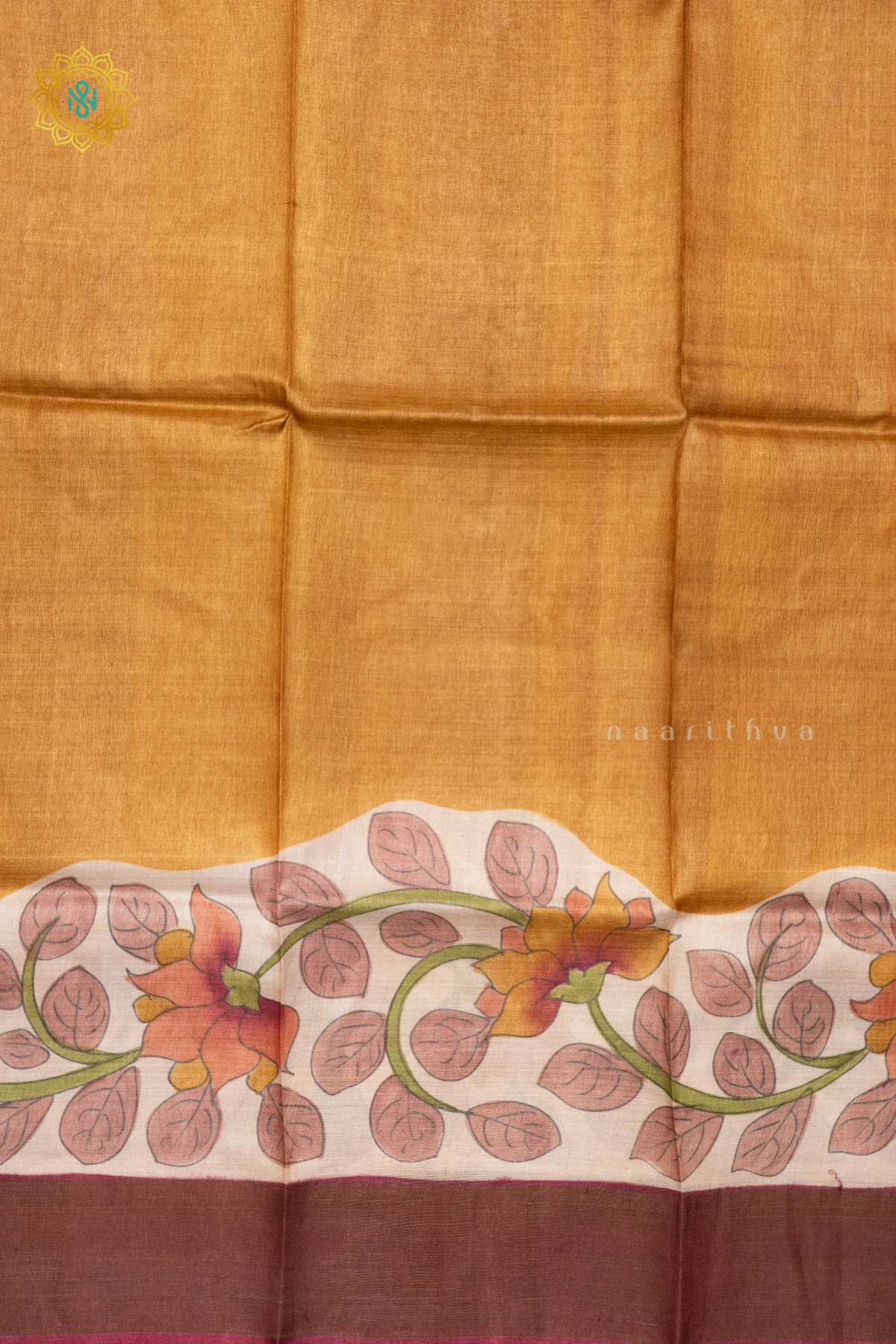 MUSTARD WITH PINK - PURE TUSSAR SILK WITH HAND PAINTED