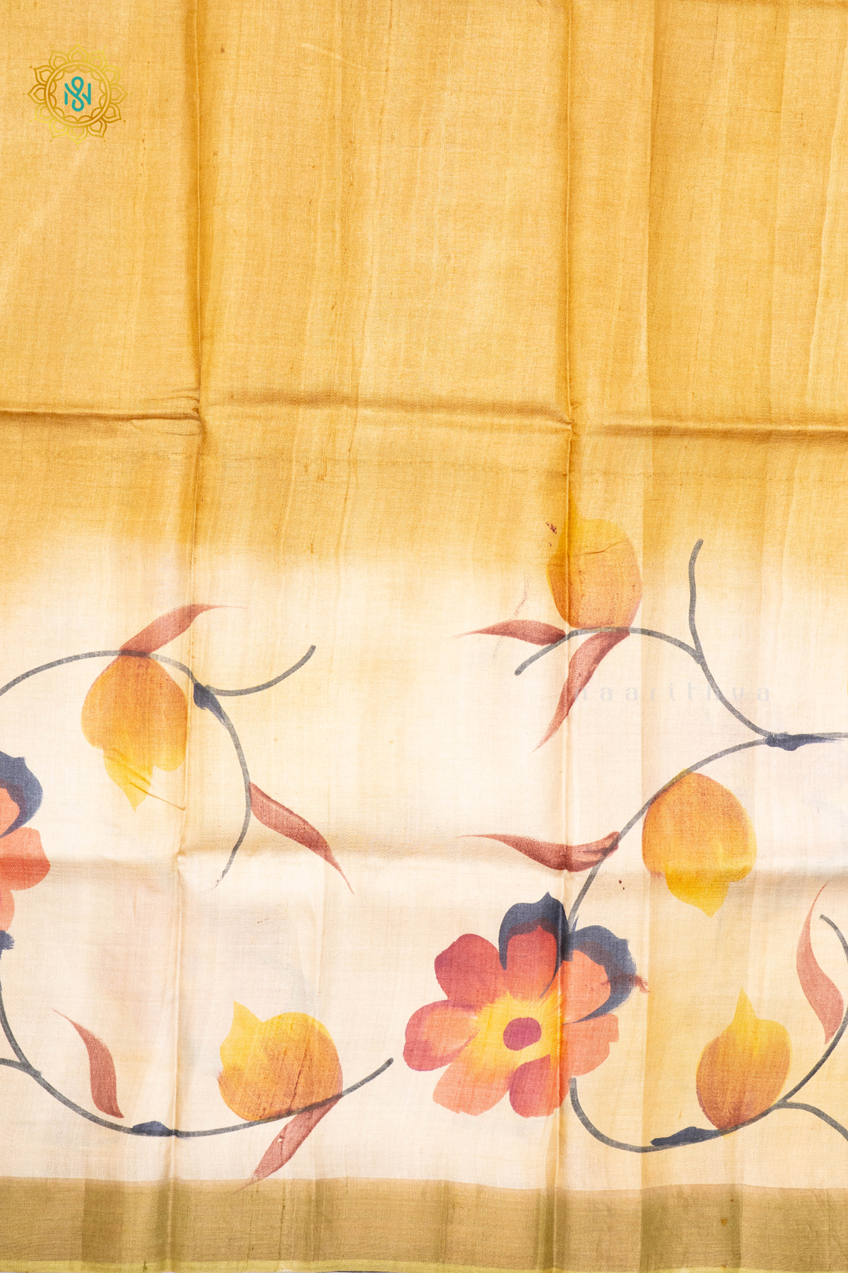 MUSTARD WITH LIGHT GREEN - PURE TUSSAR SILK WITH HAND PAINTED