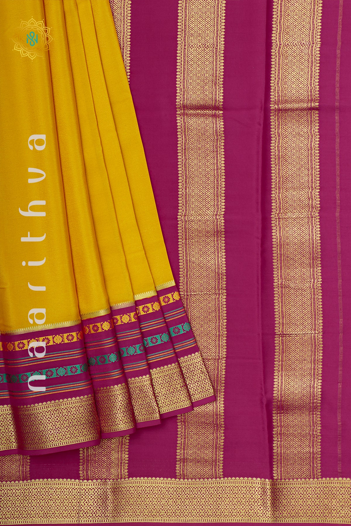 YELLOW WITH PINK - PURE MYSORE CREPE SILK