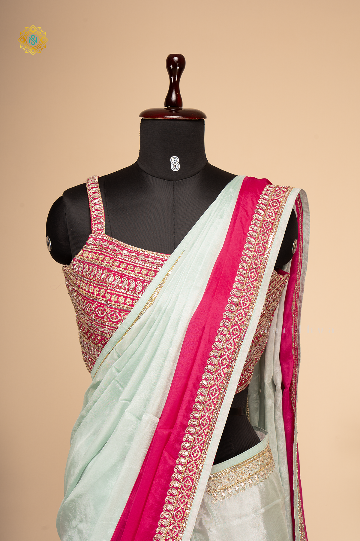 AQUA BLUE  WITH PINK - CHINNON DESIGNER WEAR WITH READYMADE BLOUSE