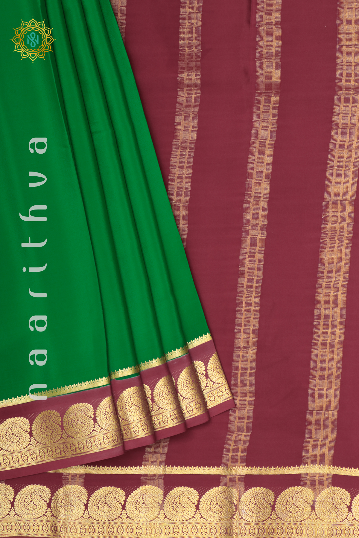 PARROT GREEN WITH MAROON - PURE MYSORE CREPE SILK