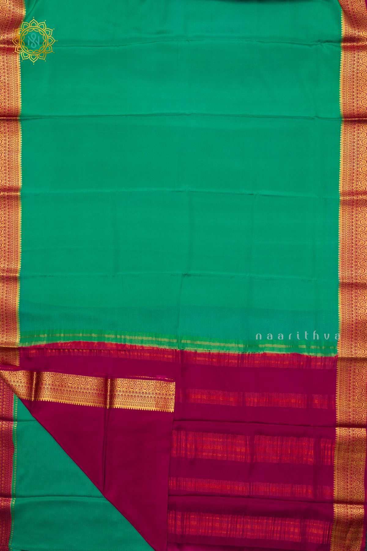 AQUA GREEN WITH PINK - PURE MYSORE CREPE SILK