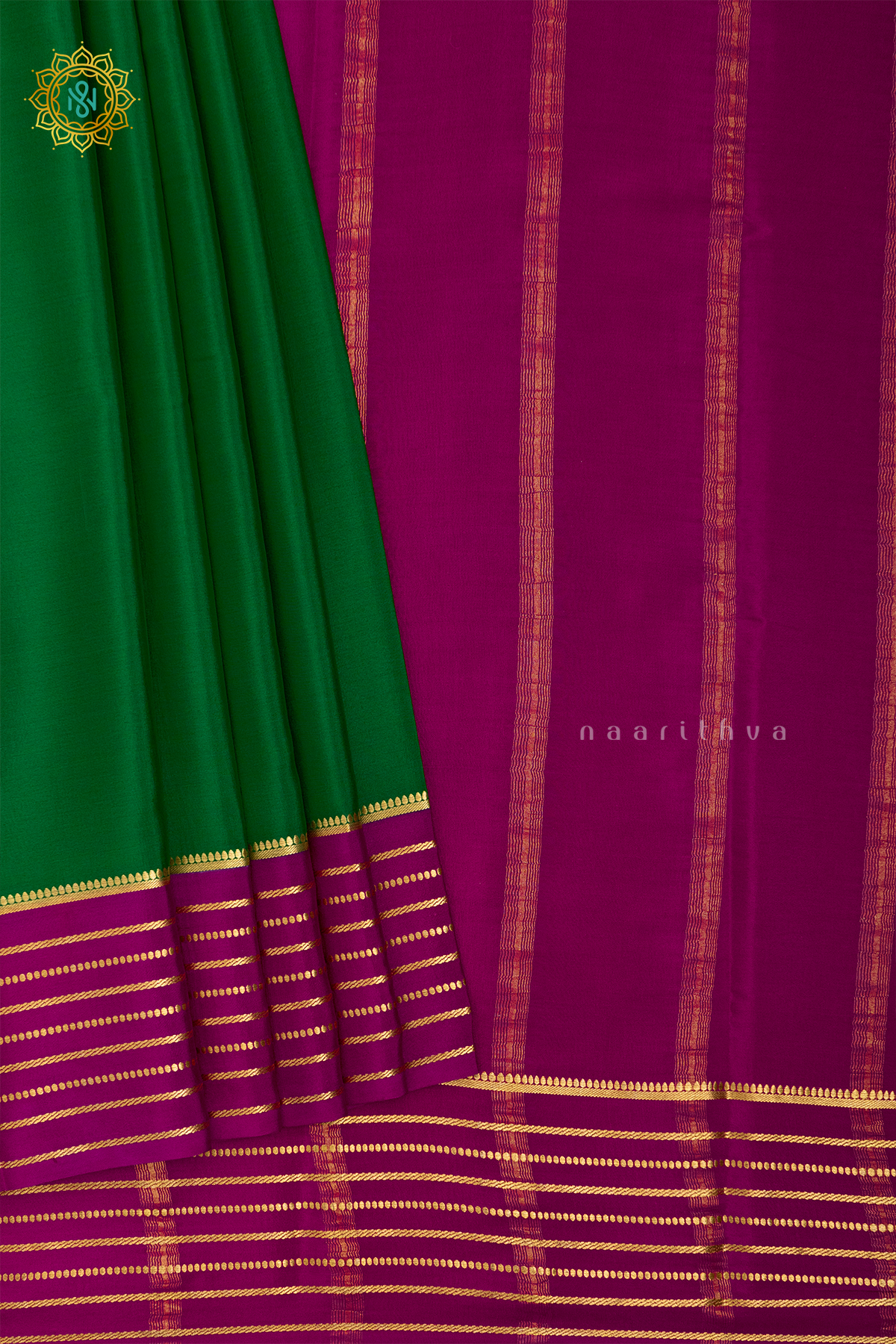 GREEN WITH PINK - PURE MYSORE CREPE SILK