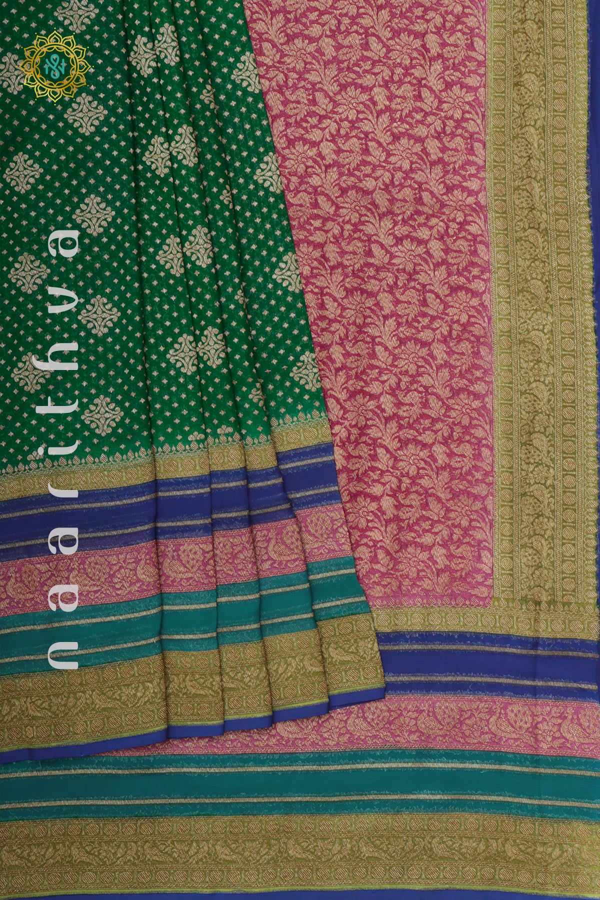 GREEN WITH BLUE, PINK & PARROT GREEN - PURE BANARASI KHADDI GEORGETTE