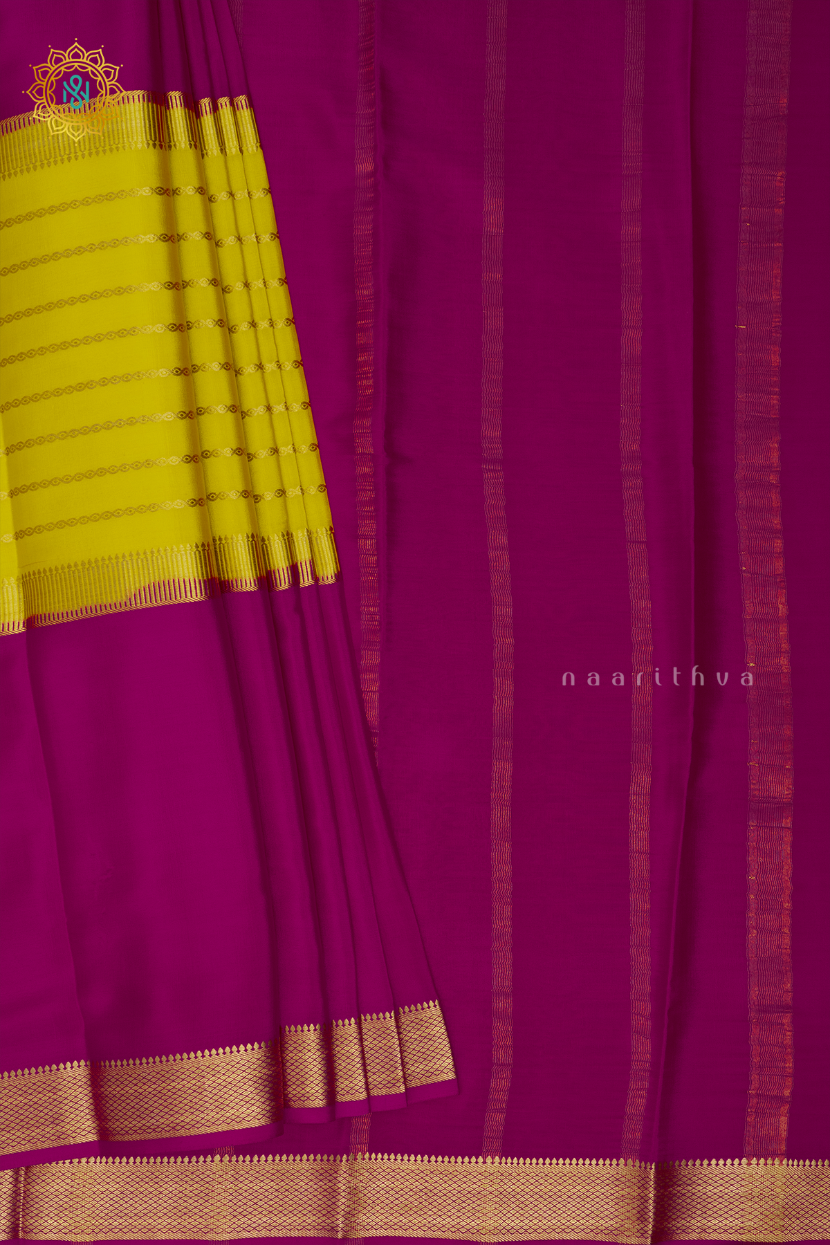 LEMON GREEN WITH PINK - PURE MYSORE CREPE SILK