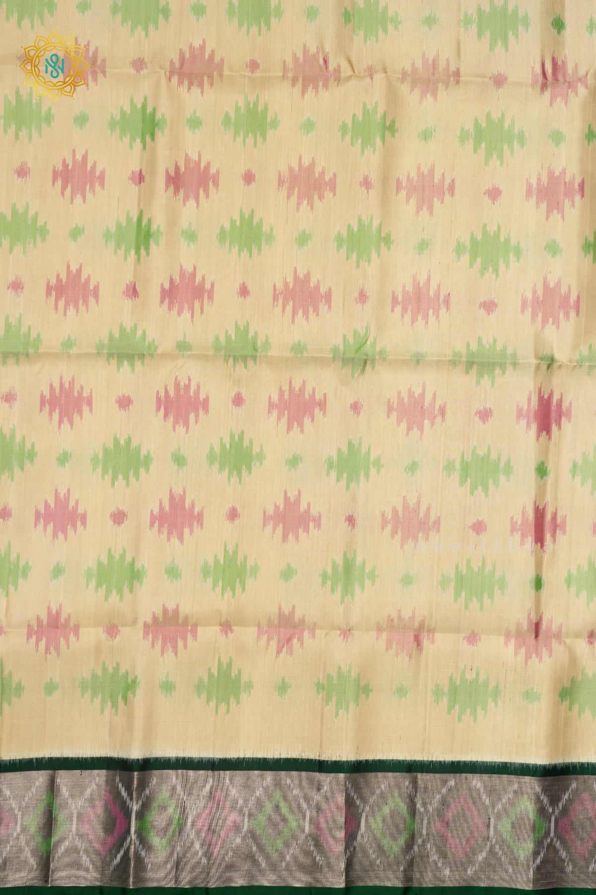 OFF WHITE WITH BOTTLE GREEN - PURE KANJIVARAM IKAT SOFT SILK