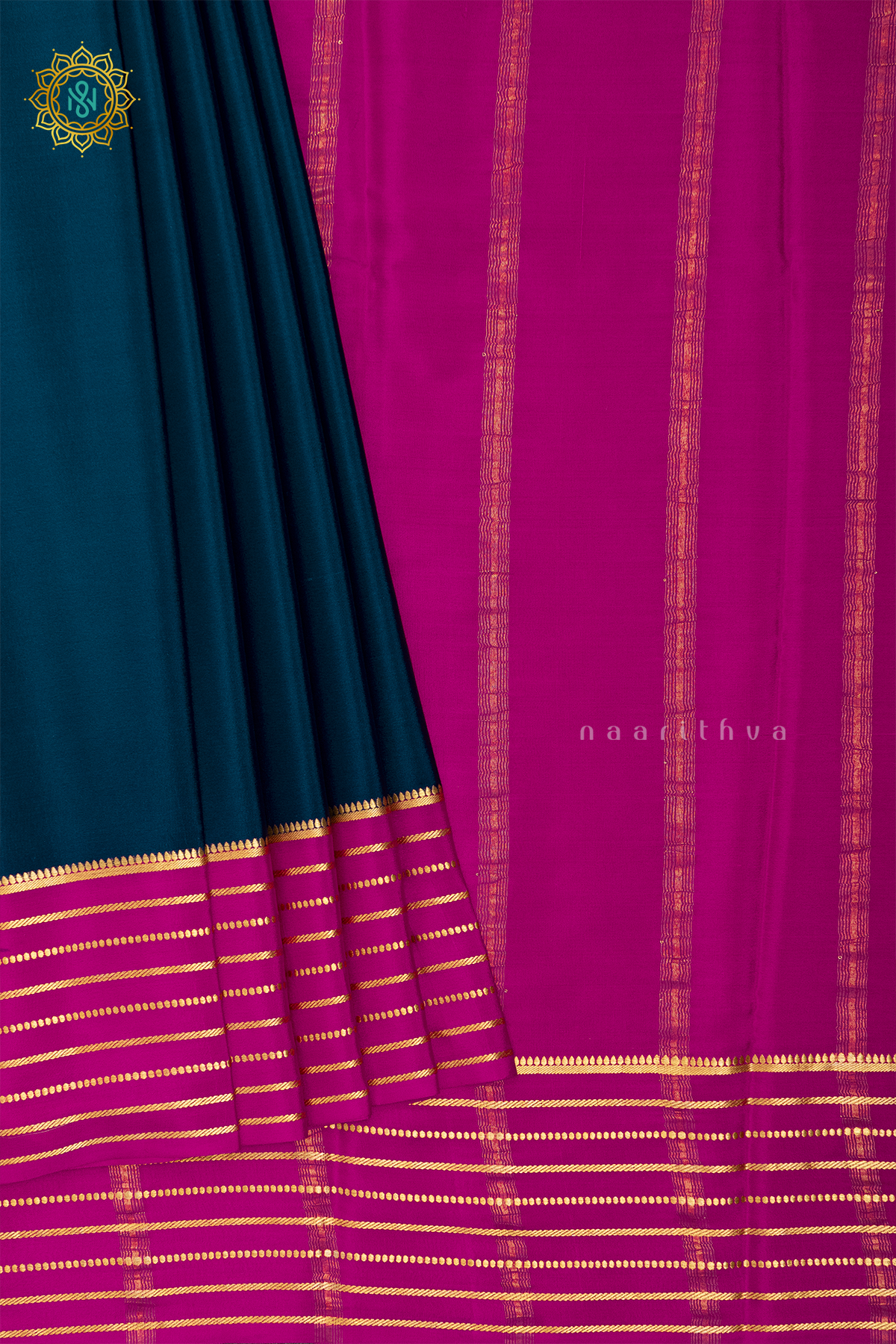 PEACOCK BLUE WITH PINK - PURE MYSORE CREPE SILK