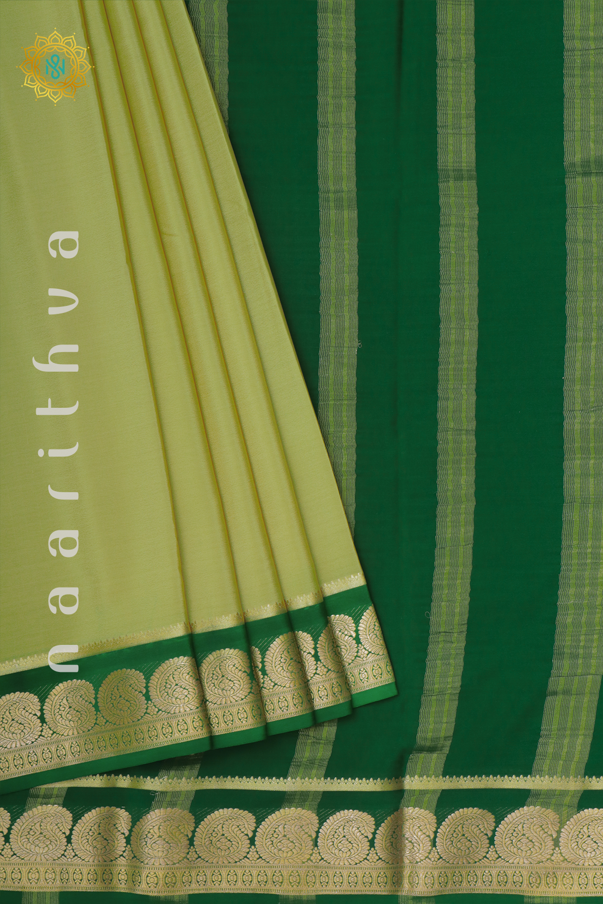 PISTA GREEN WITH BOTTLE GREEN - PURE MYSORE CREPE SILK