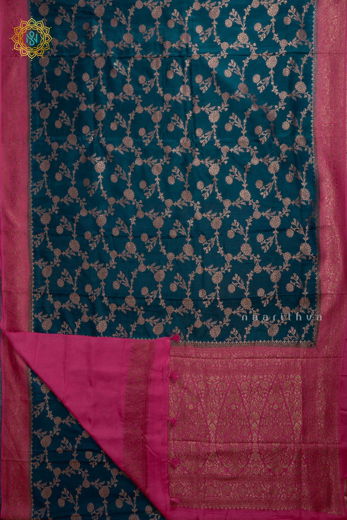 Peacock Blue with Rani Pink Semi Crepe Silk with Allover Woven Buttas and Contrast Zari Border,Pallu and Blouse