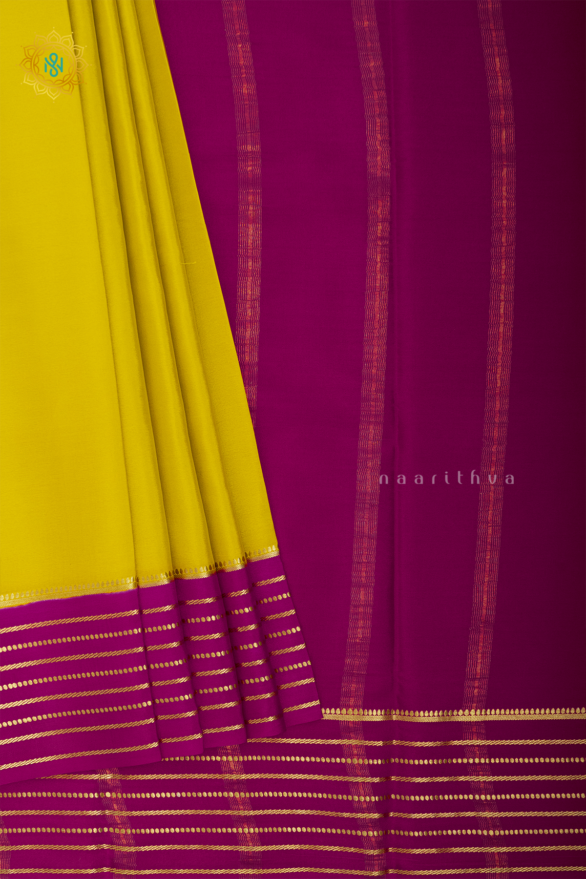 YELLOW WITH PINK - PURE MYSORE CREPE SILK